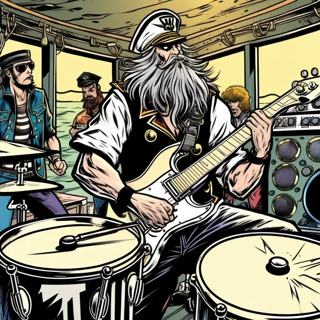 A captain, whit hairs, pipe in the corner of hos mouth, playing drums in a rock band on the ship's deck. Comic book art style