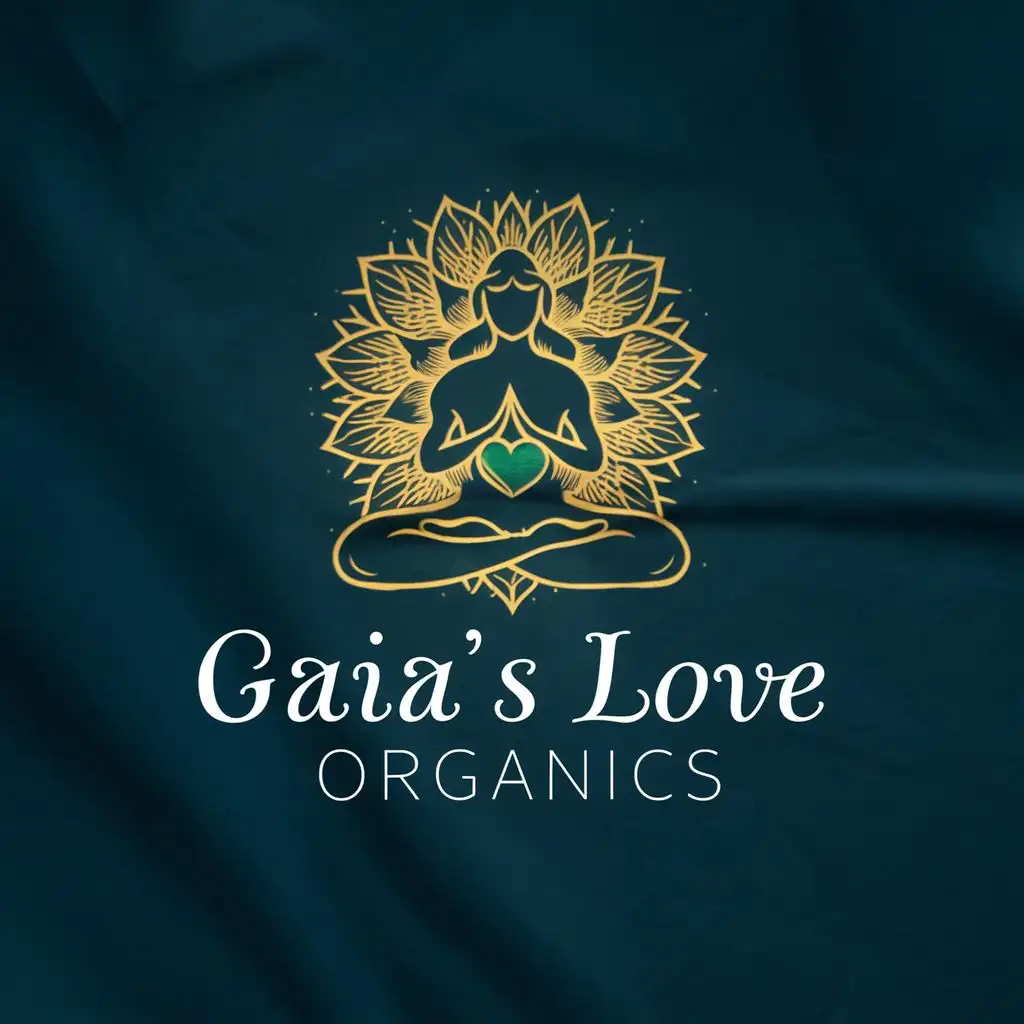logo, Meditating mother Gaia holding an emerald green heart, lotus flower with the text "Gaia's Love Organics", typography plain background