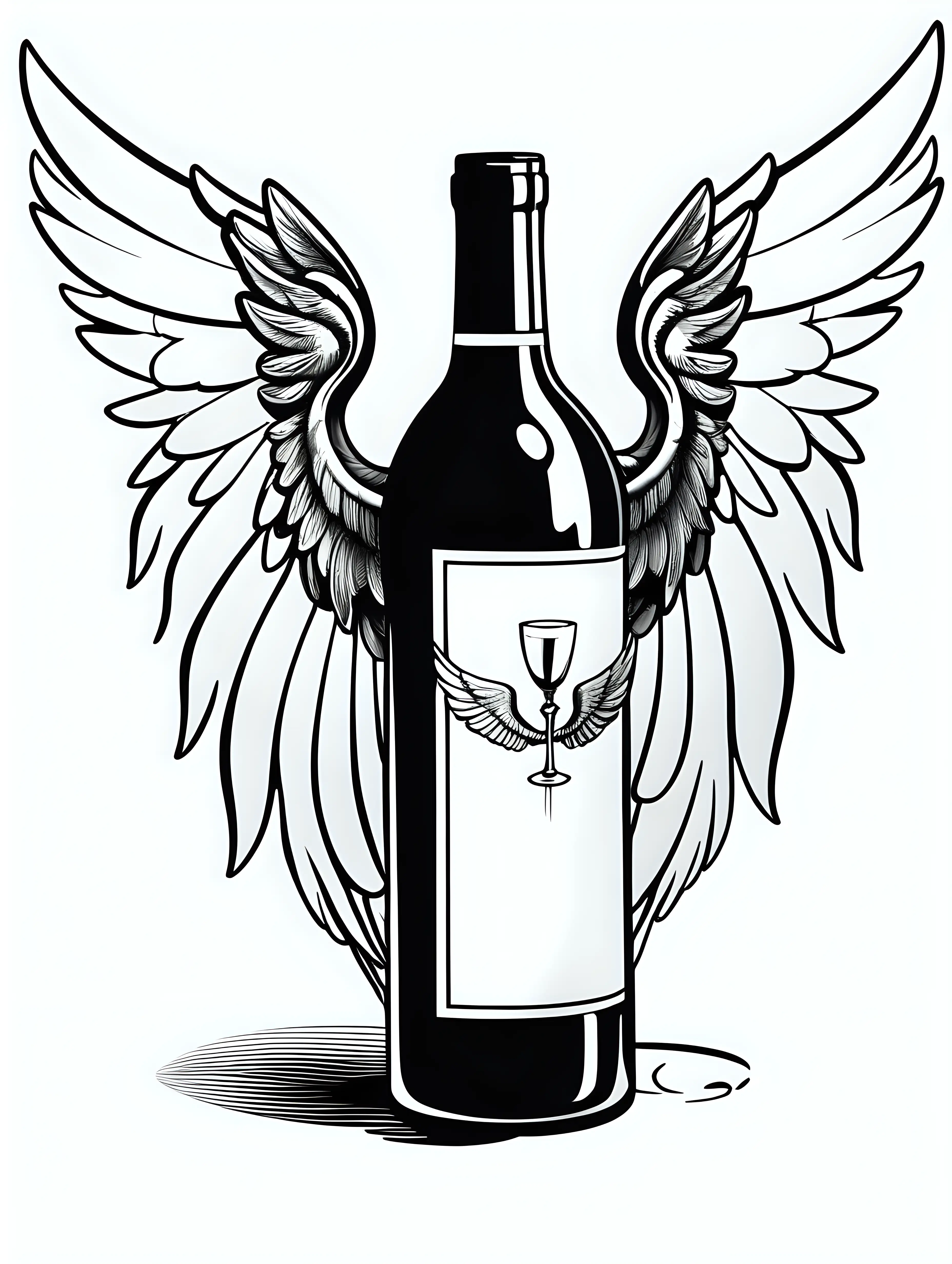 black and white cartoon wine bottle with wings white background
