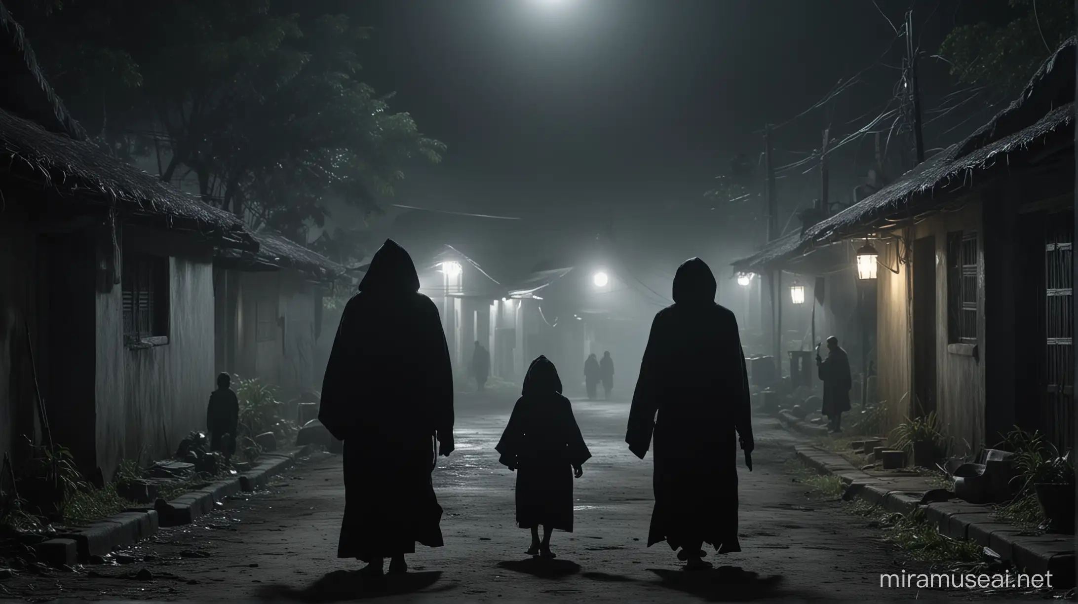 Three hooded figures—two old Filipino men and one young girl, wearing black robes, they knock on Philippine houses in the middle of the night, mysterious atmosphere, creepy, dark, cinematic