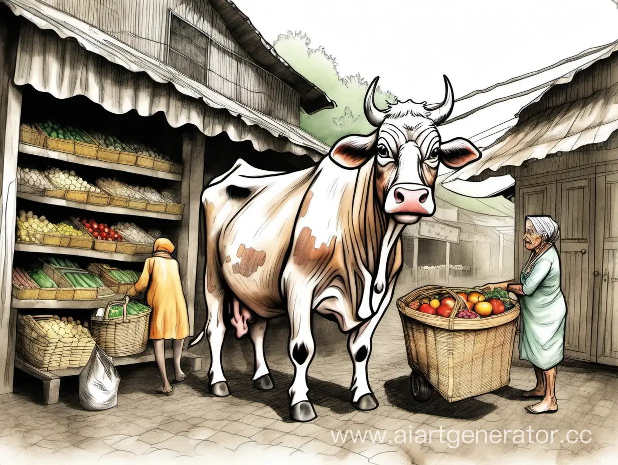 Elderly-Woman-Shopping-for-a-Colorful-PencilDrawn-Cow-at-the-Market