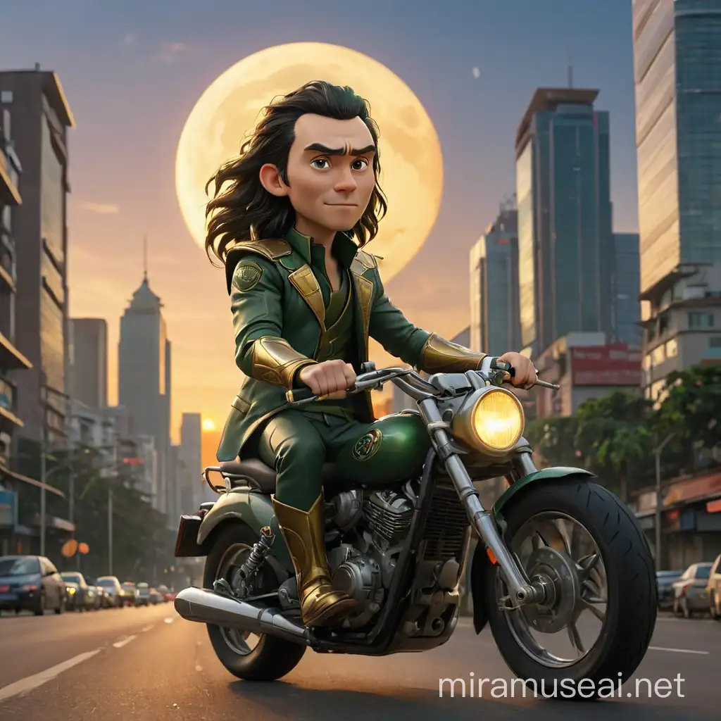 Give me a realistic caricature image of loki from marvel cinematic universe. In this picture he's riding a motorbike in jakarta road in the evening. He ride a bike with a lot of tall building around him and there is a sunset moon behind. There is a busway on the road and also cars. He is enjoy the view of jakarta. The image is from the side with the camera slightly upwards. the image is full 

