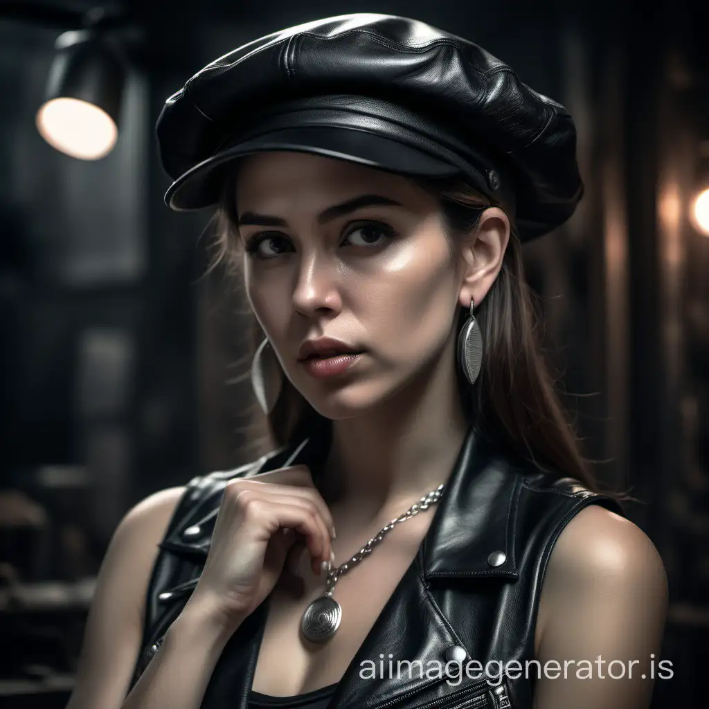 a woman, moody face, looking to the side, wearing a black leather hat, black leather sleeveless vest, tight leather shorts, silver necklace, long earrings, one hand holding her chin, photorealistic, realism, highly detailed, best quality, raw photo, masterpiece cinematic tones, dramatic lighting scenario depth of field