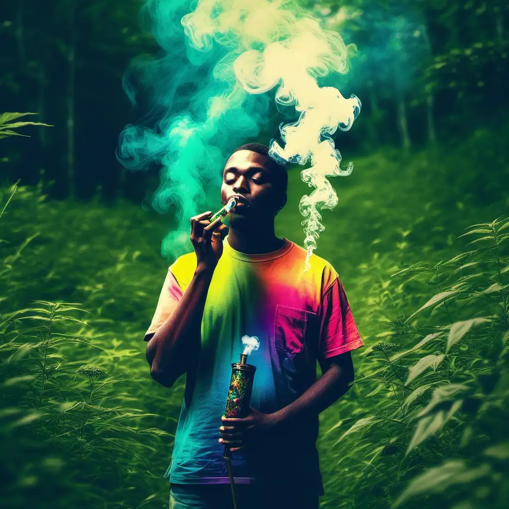 Make me a little coroful, deep picture as a album cover. There is a man with a bong. He is in nature, he is very high