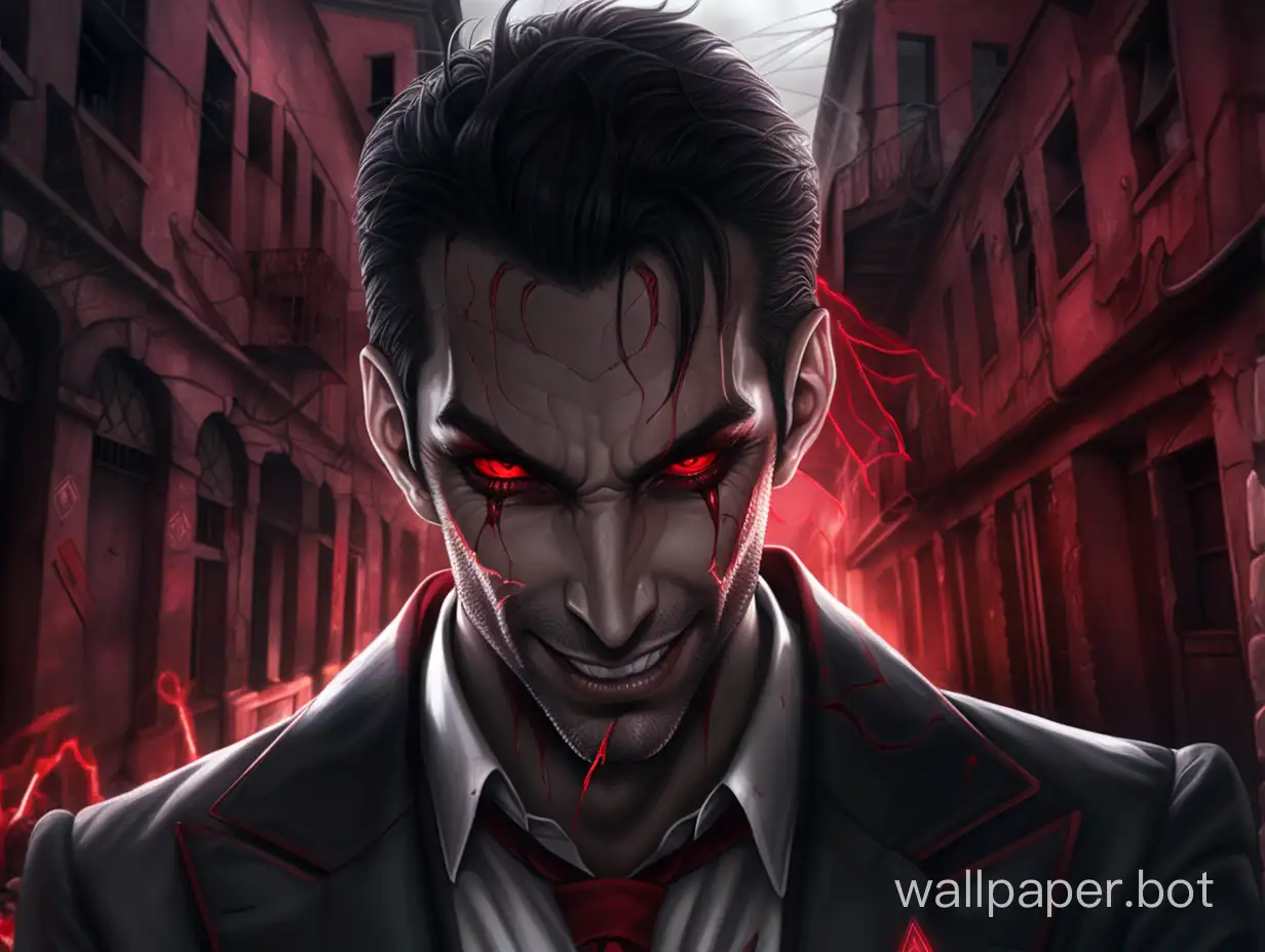 lucifer evil smile scars on the face eyes shining crimson red pupils black abandoned buildings gloomy atmosphere