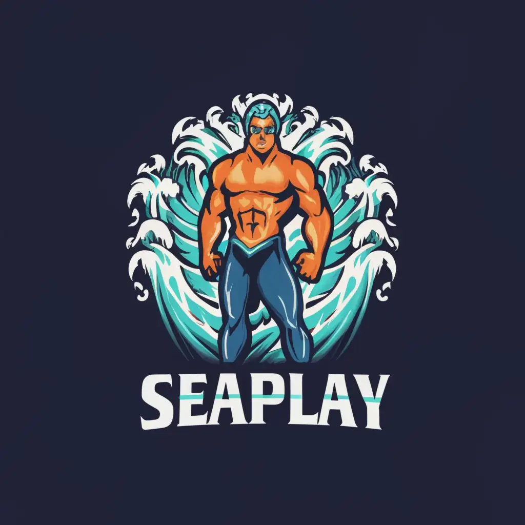 a logo design,with the text "SeaPlay", main symbol:strong sea superhero with iqos in his hand,Moderate,clear background
