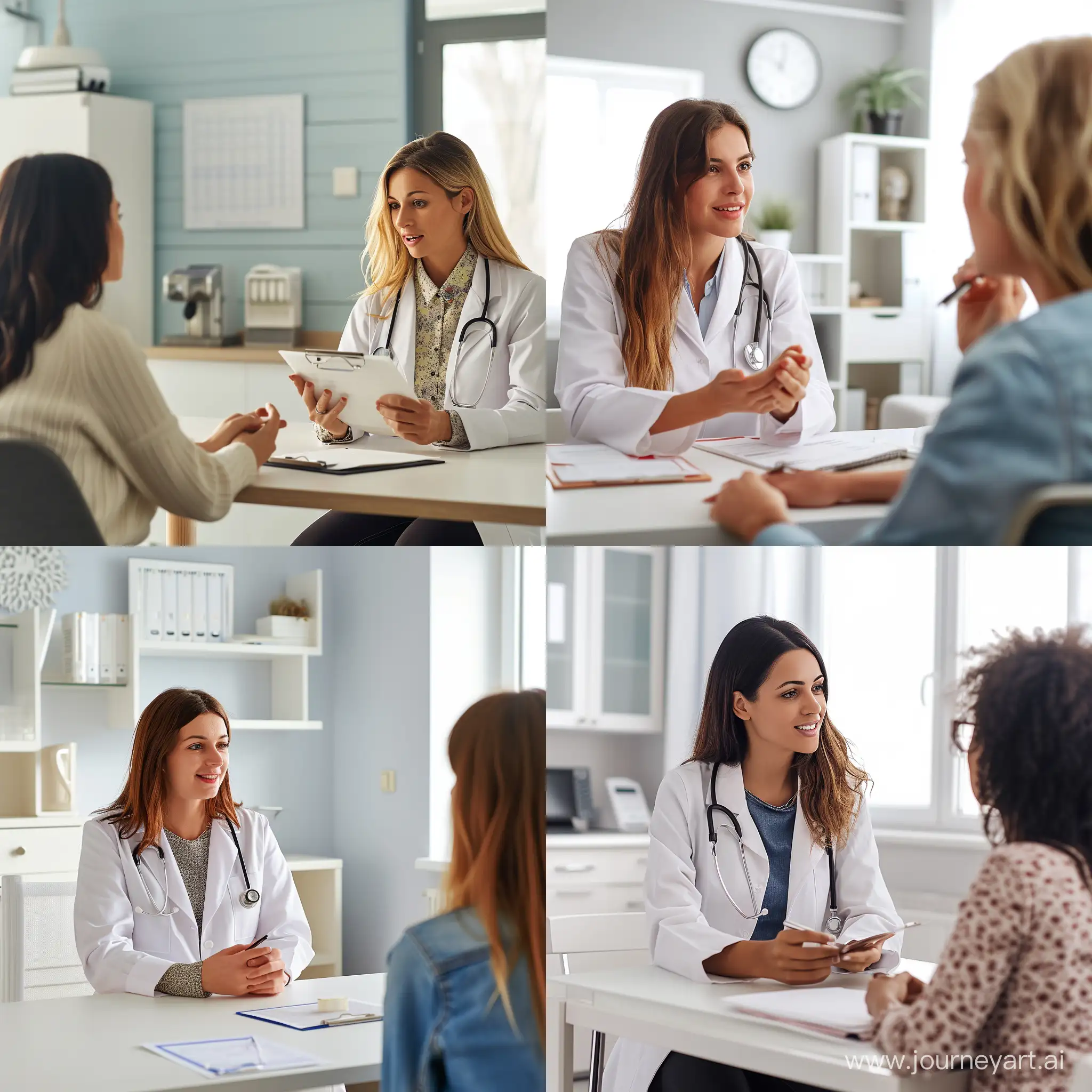 Медицинский кабинет, светлые стены, женщина врач, проводит консультацию пациенту женщине, за столом