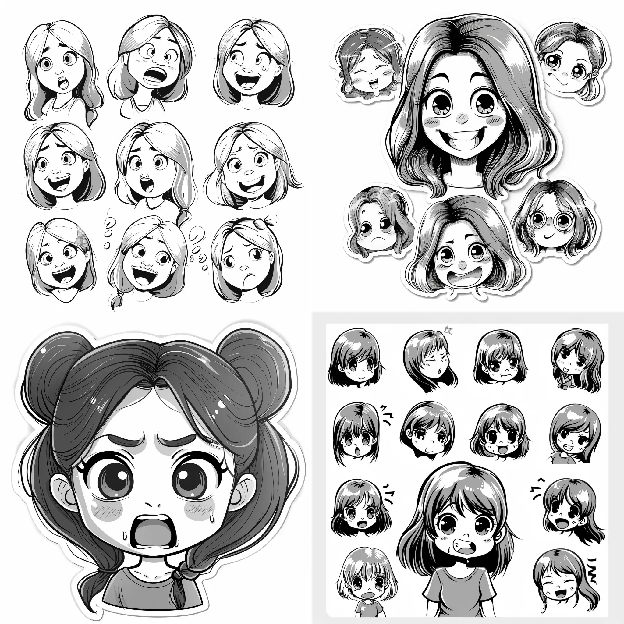 Slavic-Girl-Expressing-Various-Emotions-Joyful-Chibi-Sticker-on-White-Background