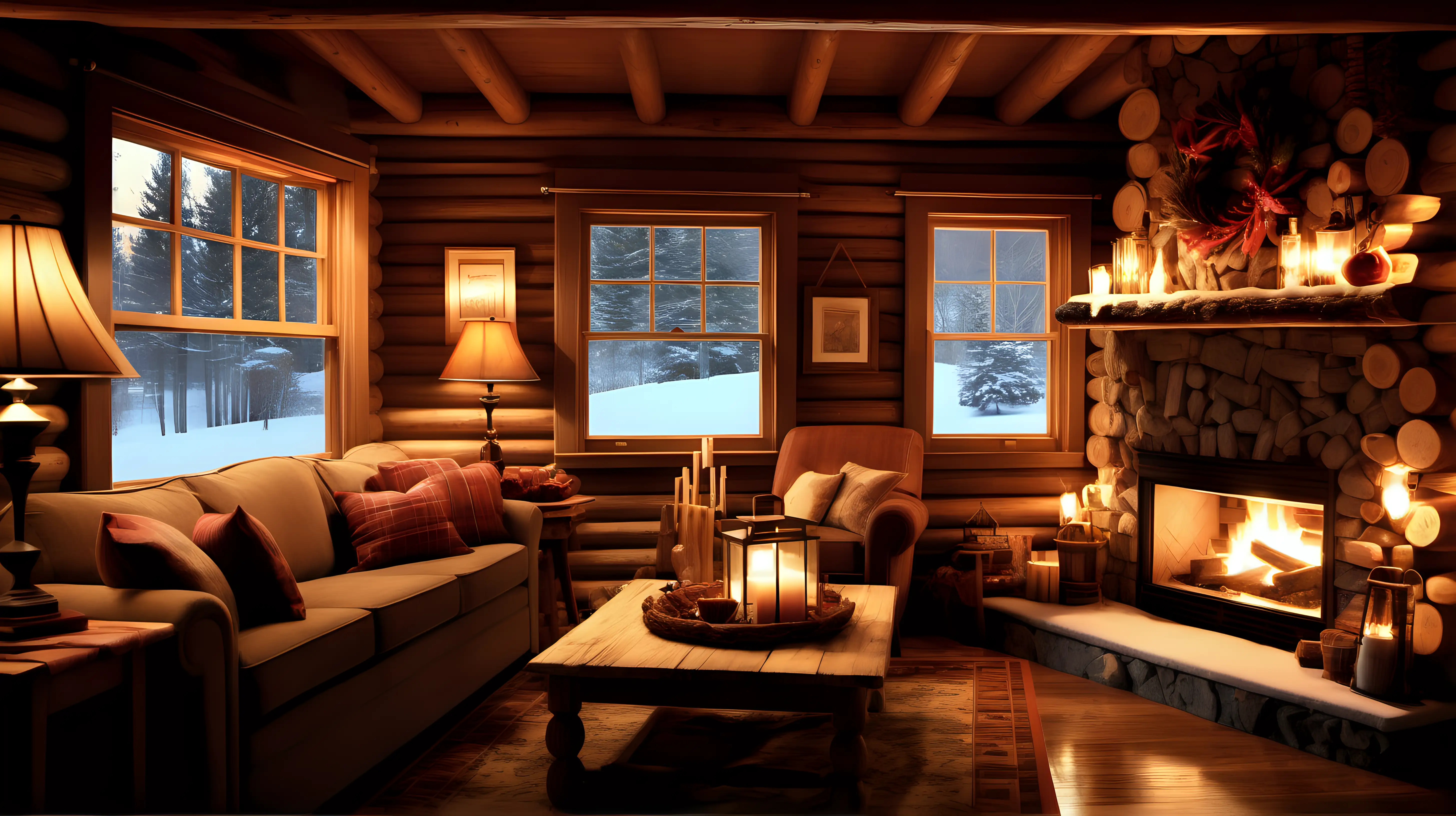 Cozy Log Cabin Interior with Roaring Fireplace and Winter Landscape View