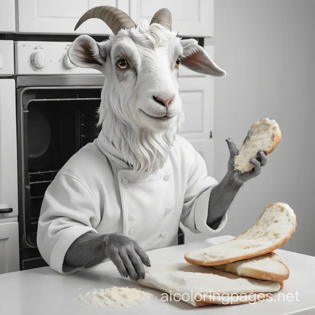 goat BAKING bread with oven mitts on , Coloring Page, black and white, line art, white background, Simplicity, Ample White Space. The background of the coloring page is plain white to make it easy for young children to color within the lines. The outlines of all the subjects are easy to distinguish, making it simple for kids to color without too much difficulty