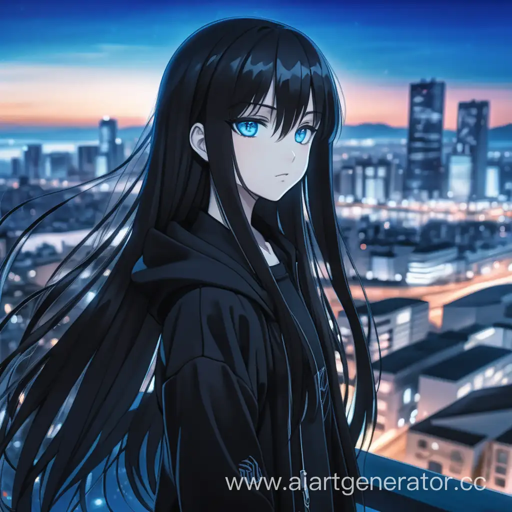 голубоглазая аниме девушка в черной одежде с длинными темными волосами на фоне города с красивой аурой вокруг