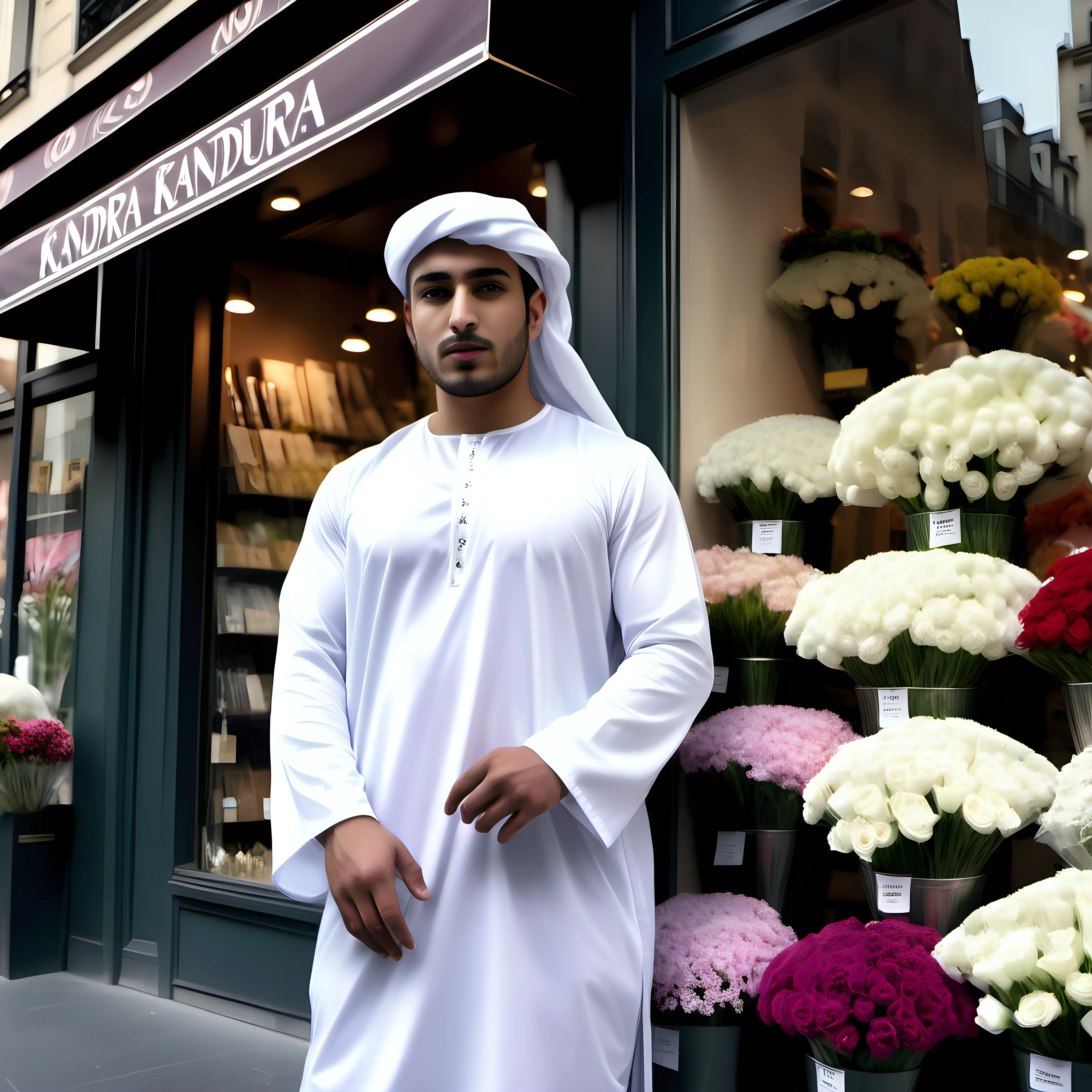 Stylish Arab Man in Crisp White Kandura Amidst Parisian Floral Splendor