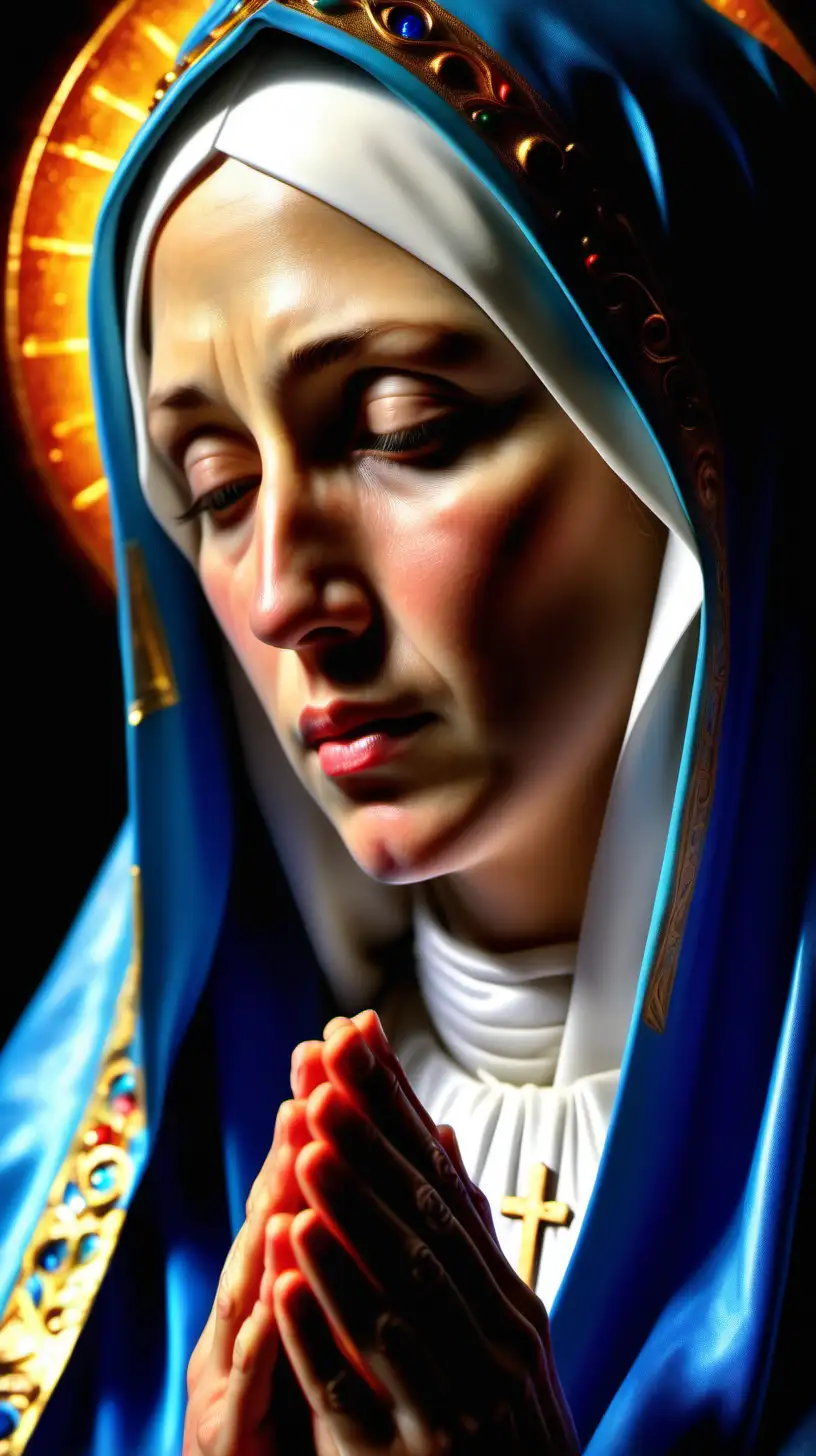 Biblical Times CloseUp Mother Mary in Prayer with Vivid Colors and Dramatic Lighting