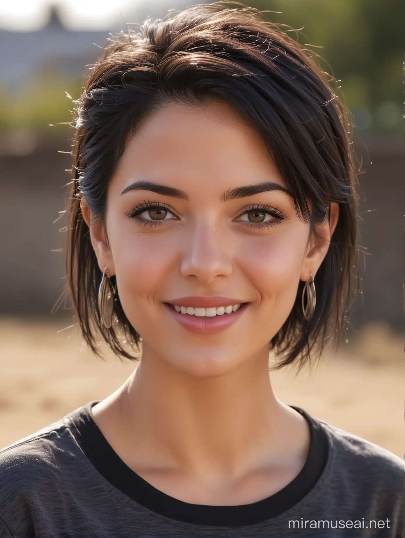 1girl, solo, earrings, jewelry, realistic, looking_at_viewer, black_hair, lips, blurry, facial_mark, blurry_background, upper_body, looking_back, nose, outdoors, forehead_mark, black_eyes, shirt, smile, short_hair