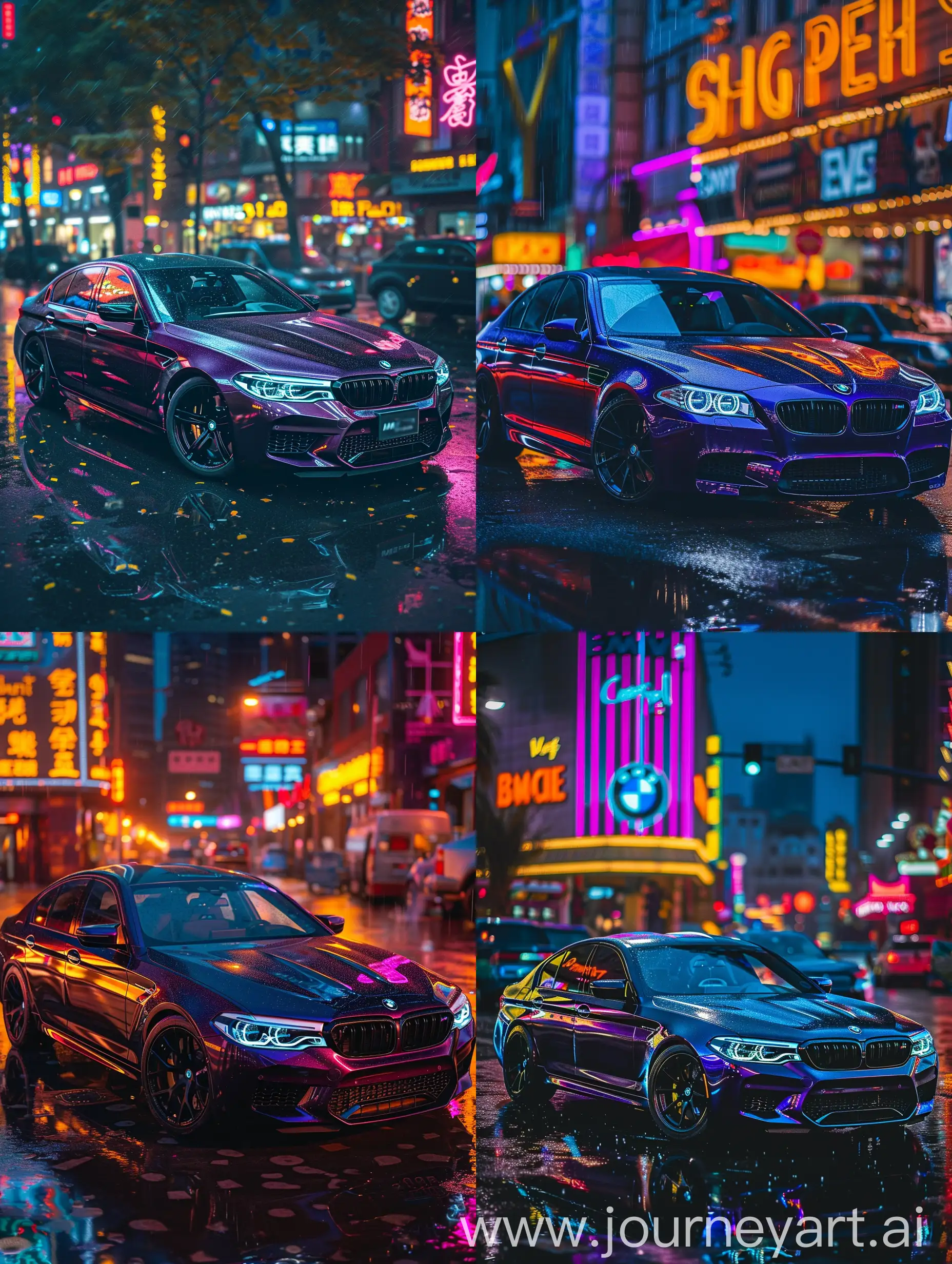 Sleek-Dark-Purple-BMW-M5-E60-on-Rainy-Night-with-Neon-Lights