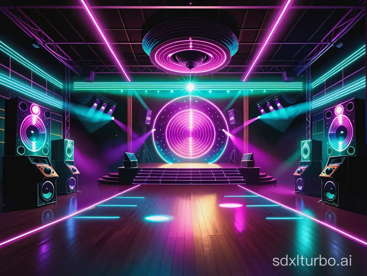 Modern dance hall. Disco. Stage. Neon lights. Sound system. Spotlight. Digital art. Illustration