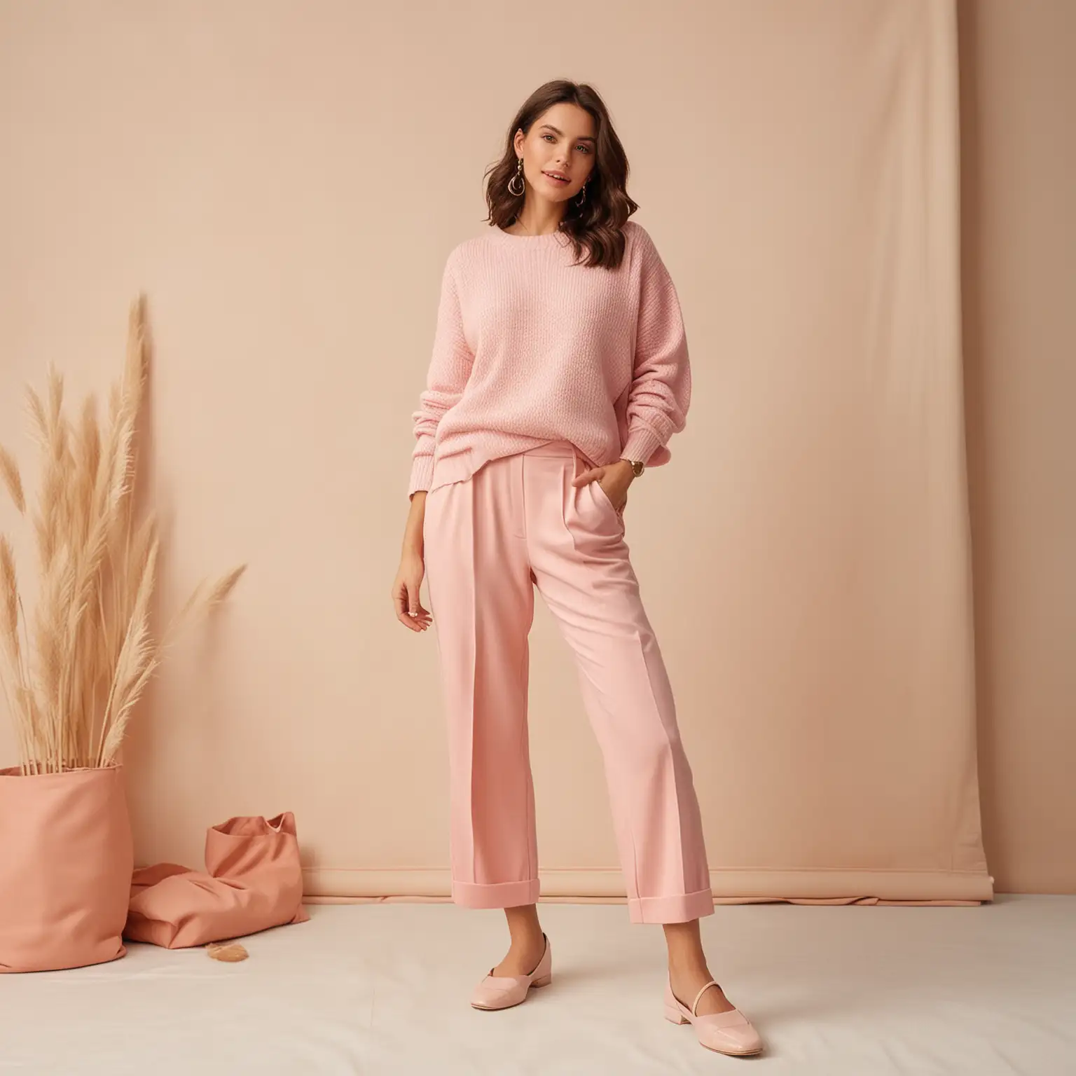 Stylish Woman in Pink Sweater and VanillaColored Pants with Square Background