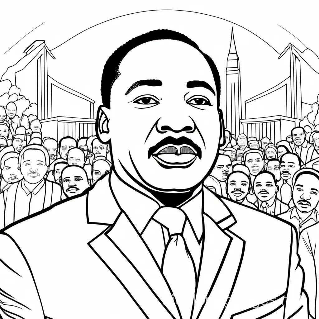 Martin Luther King Jr, Coloring Page, black and white, line art, white background, Simplicity, Ample White Space. The background of the coloring page is plain white to make it easy for young children to color within the lines. The outlines of all the subjects are easy to distinguish, making it simple for kids to color without too much difficulty