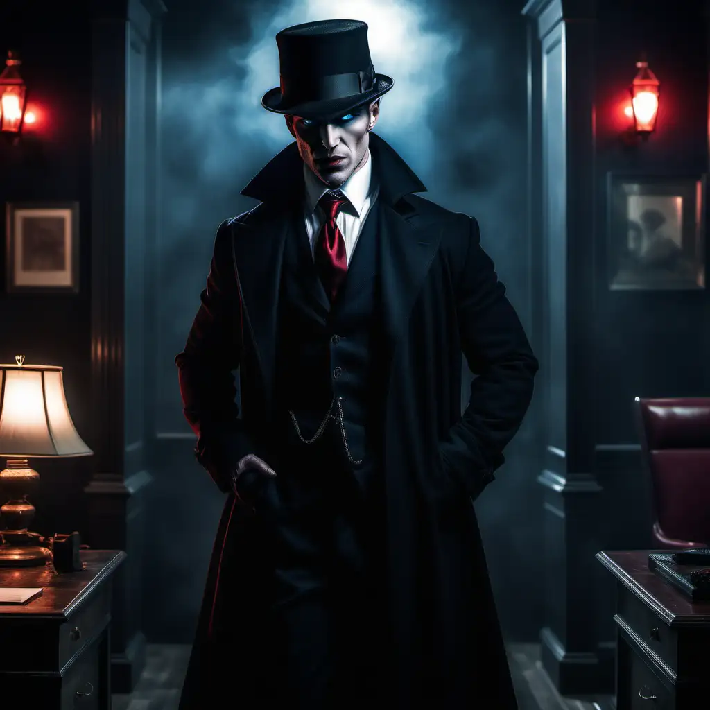 Imagine a Tremere vampire private investigator, wearing a 1930s black suit, white dress shirt, deep red necktie, wearing a black greatcoat, wearing a bowler hat, normal face, glowing blue eyes, inside a modern private investigator office, full body image, muscular build
