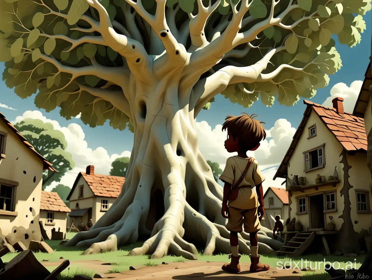 Once upon a time, in a small village, there lived a child named Kelo. Kelo was the most curious and adventurous child in the village. One day, while venturing outside the village, he encountered a large and old plane tree.