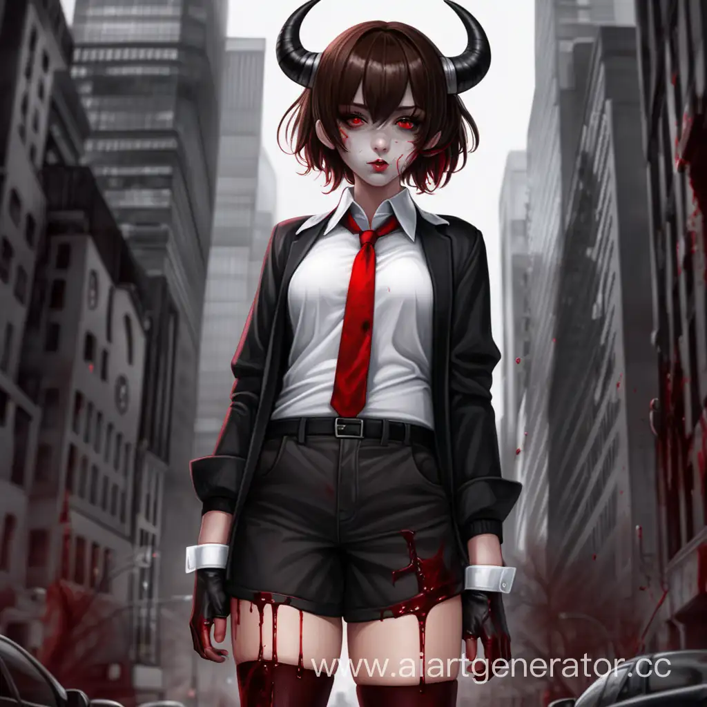 Girl, brown short hair, loose hair, form, black shirt, white collar, red tie, red eyes, socks on black boots, face in blood, black horns, city background