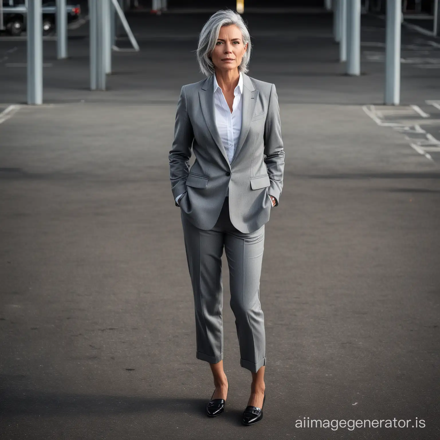 woman 50 years old, casual style, grey suits, white shirt, black shoes ,grey hair, full body shot, in a parking, dramatic lighting