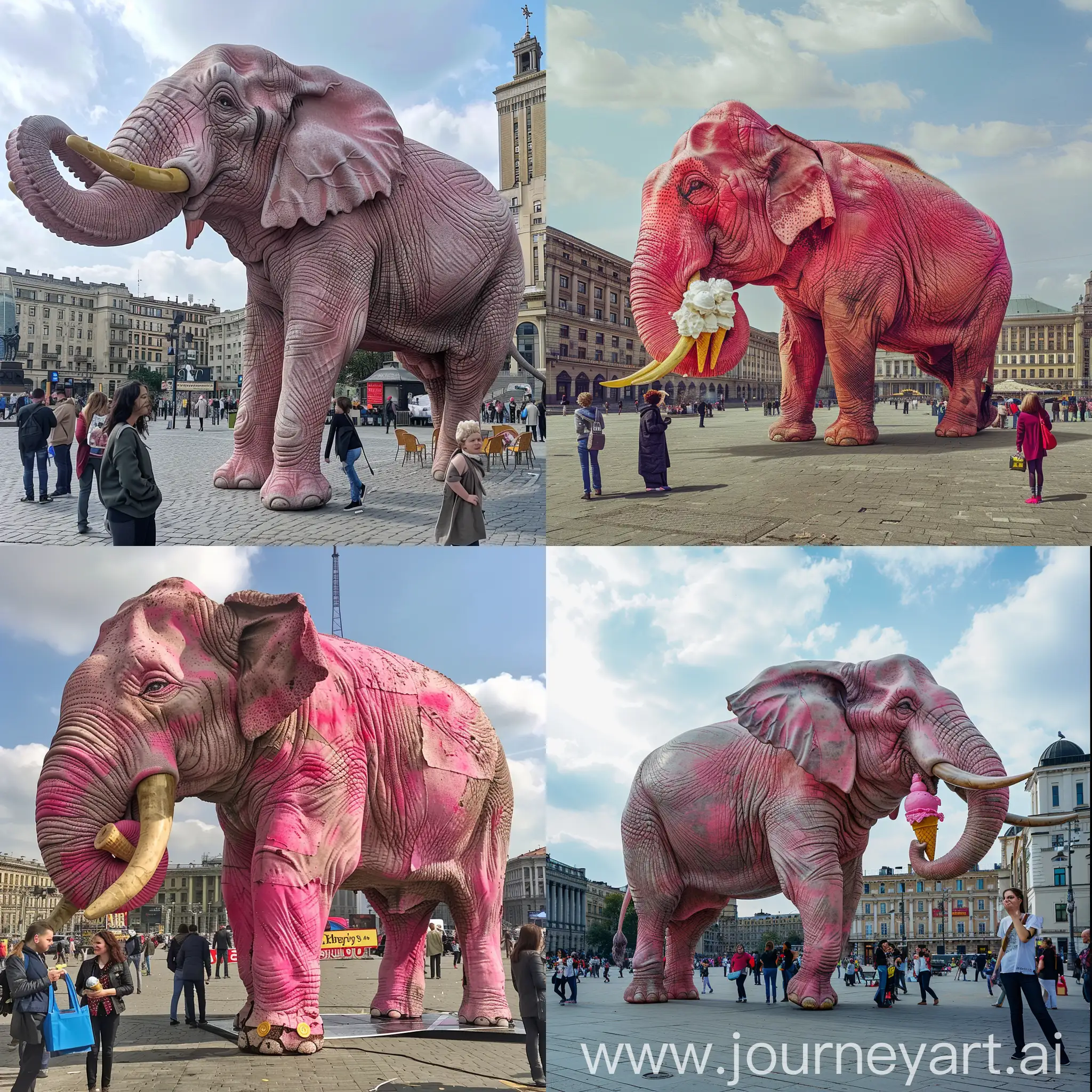 a big pink elephant in Kyiv on Independence Square eats ice cream with a Harry Potter 
