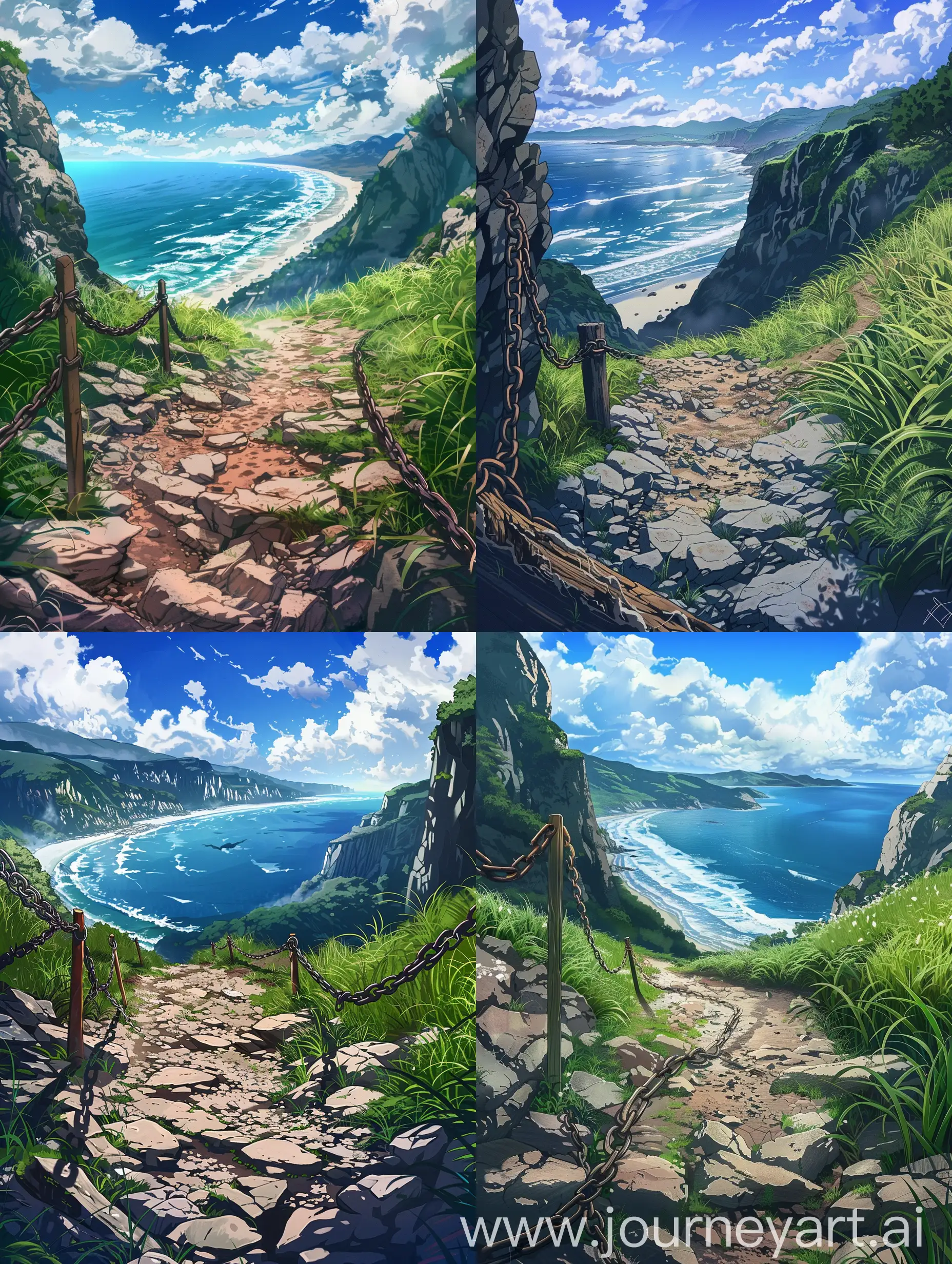 Anime style, difficult rocky road in the mountains next to the beach.  From the rocky road surrounded by grass to the right and left, you can see the beach below, the waves, and the blue sky filled with white clouds.  The rocky road has an iron chain next to it tied to wood so that no one falls.