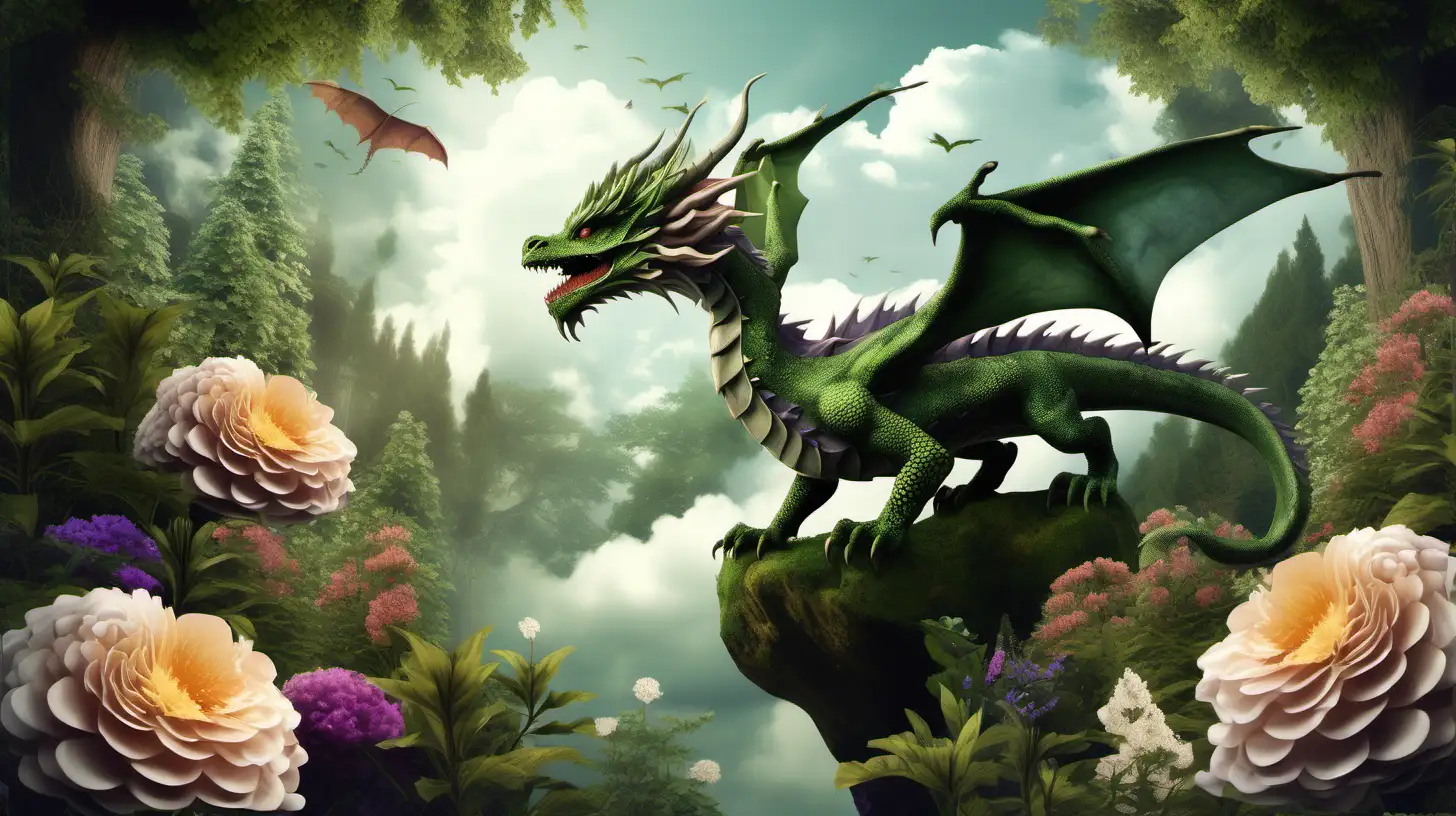 dragon réaliste de la forêt sur un nuage entouré d'arbre et plante et de fleur 