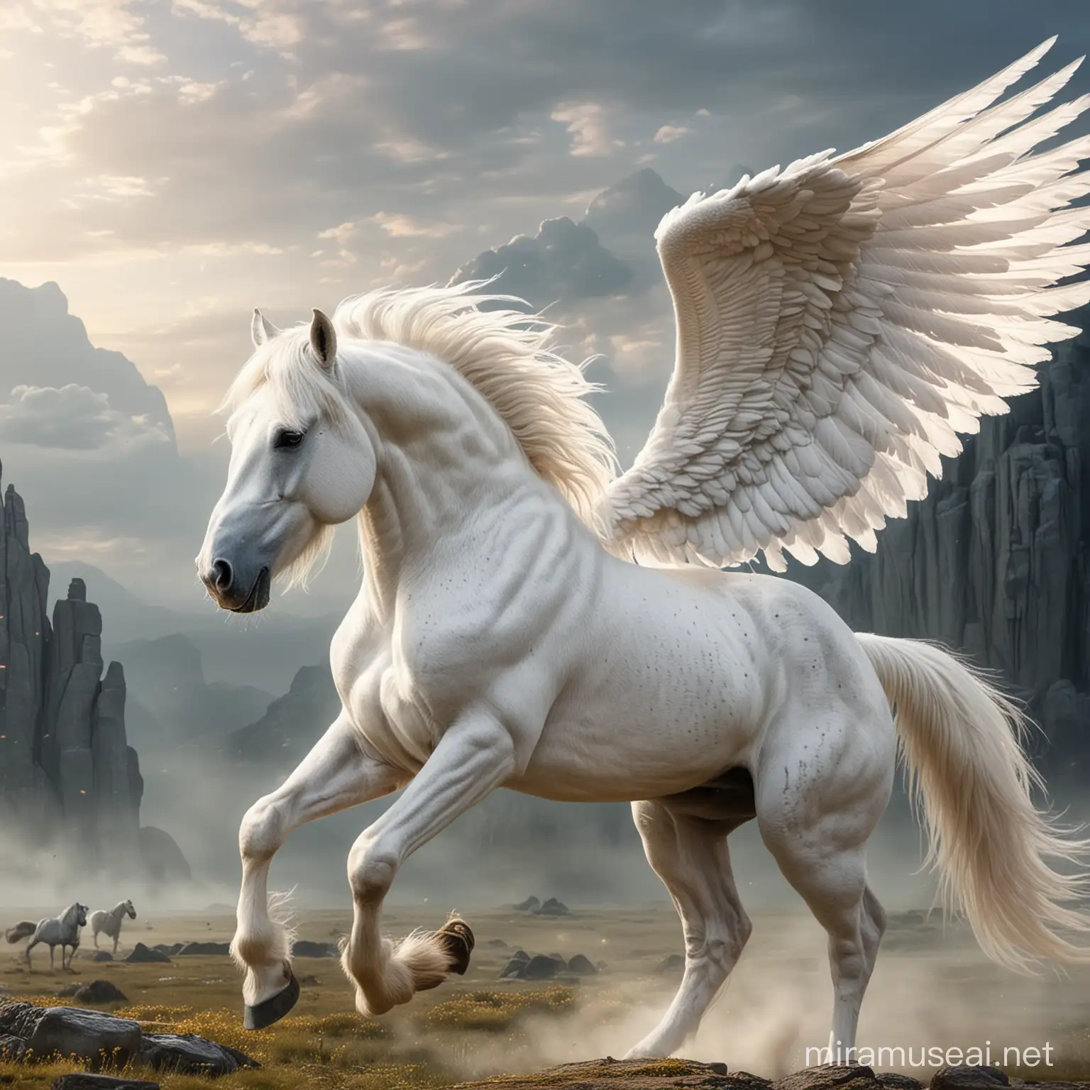 Majestic Winged White Horse Soaring Through the Enchanted Sky of a Fantasy Kingdom