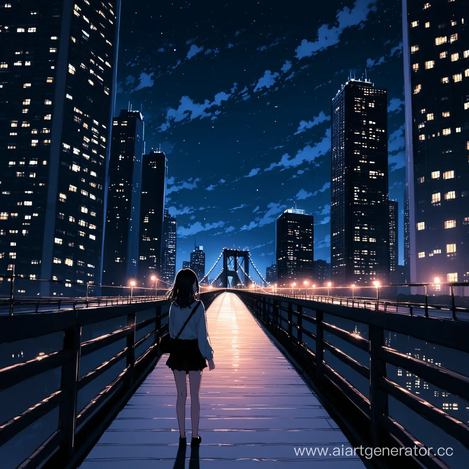 Girl-Contemplating-Cityscape-at-Night-with-Bridges-and-Tall-Buildings
