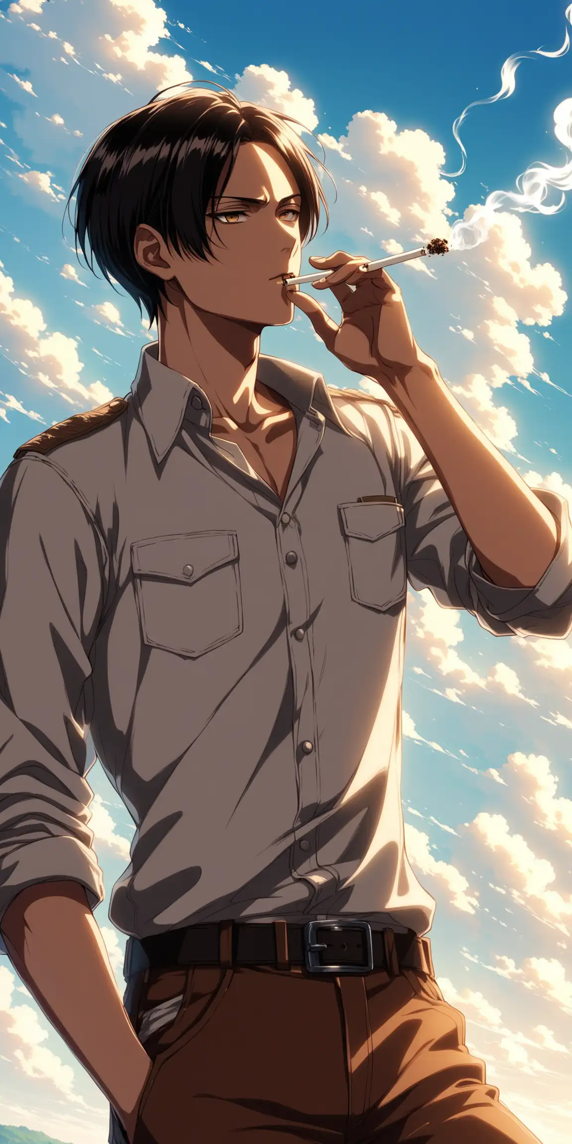Levi from attack on titans ( he is smoking a joint) on a beautiful day 
