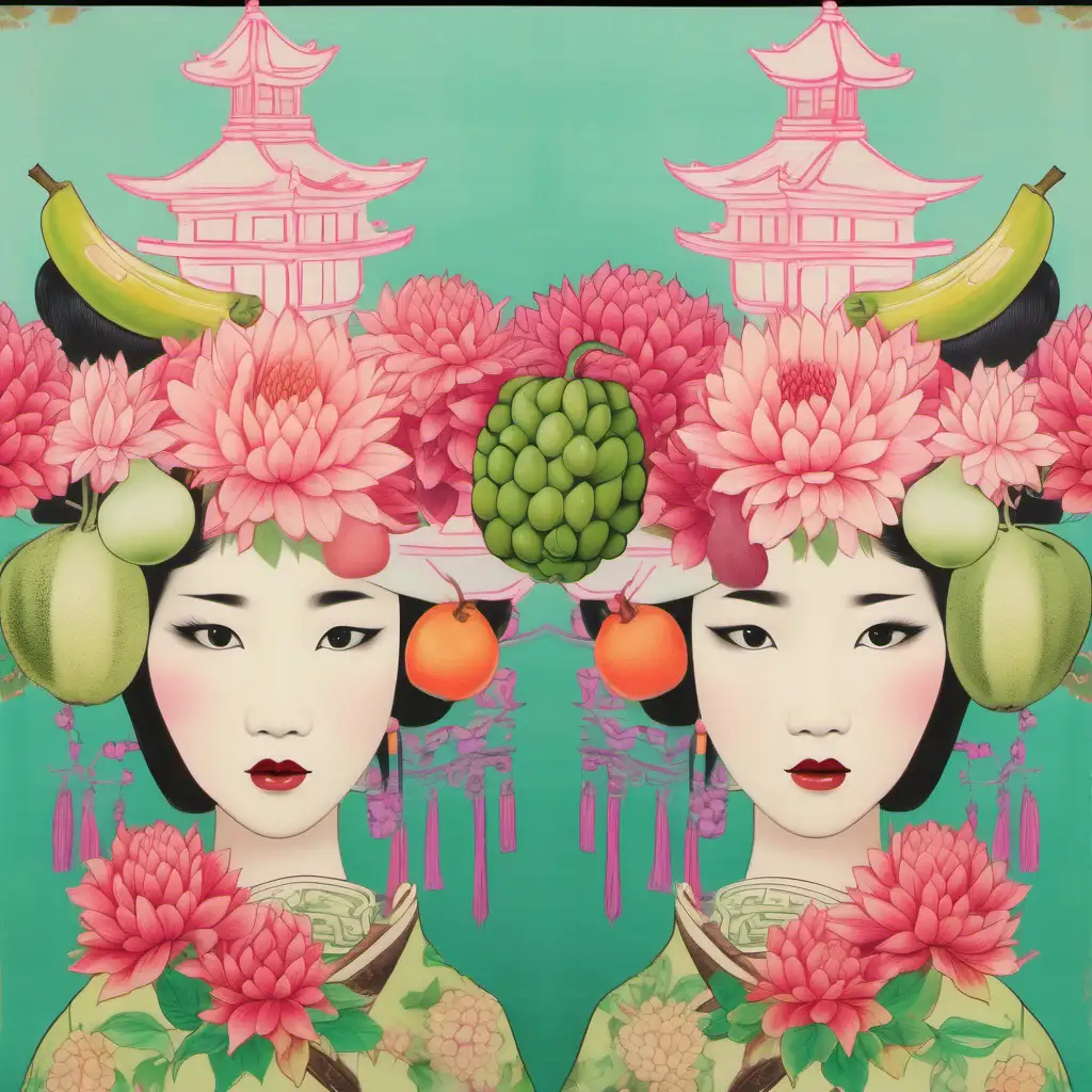 Vintage Asian lady with black hair and Green chinoiserie pagoda and fruit headdress vintage floral dahlias 