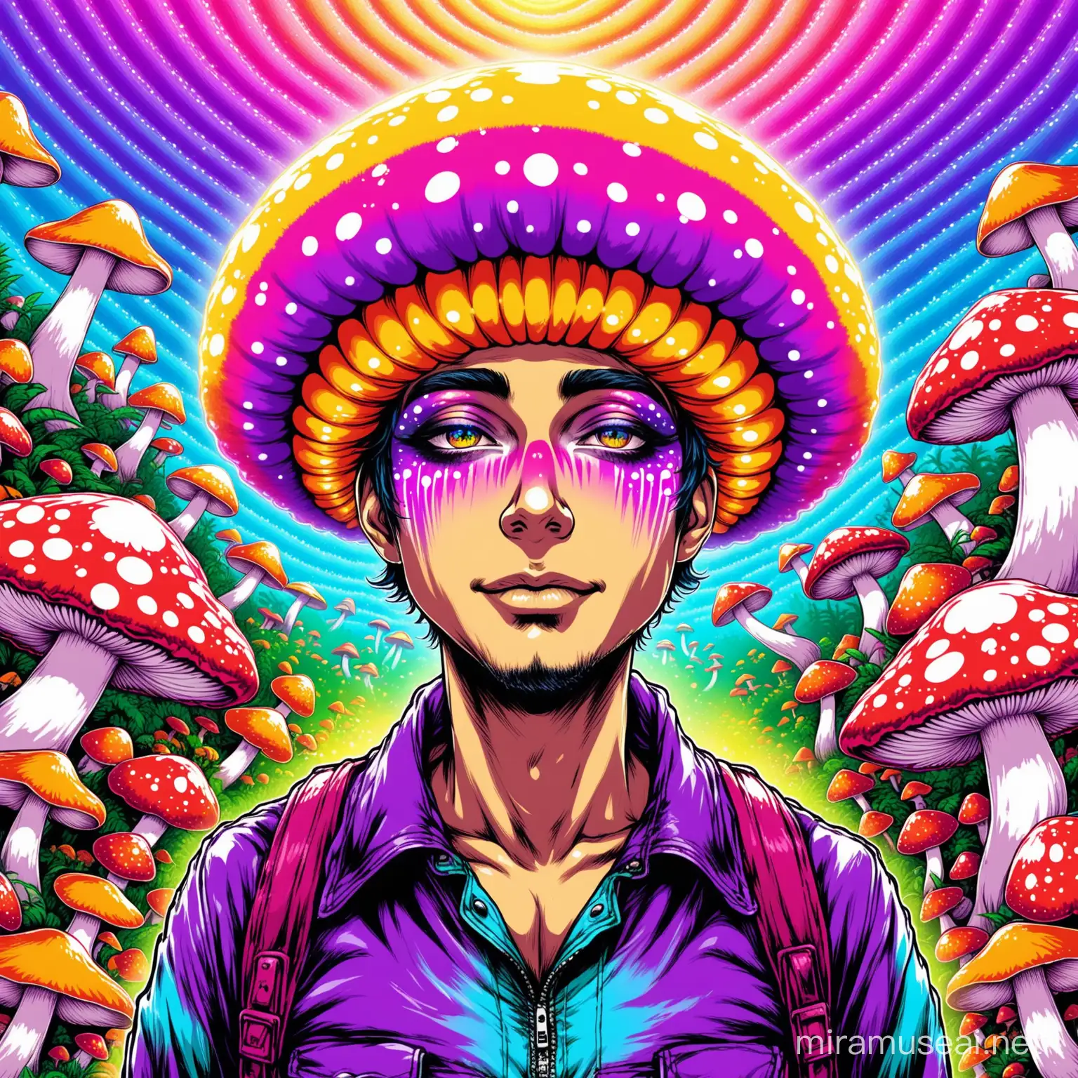 A queer guy with very contrasted makeup having a trip on shrooms psychadelic art