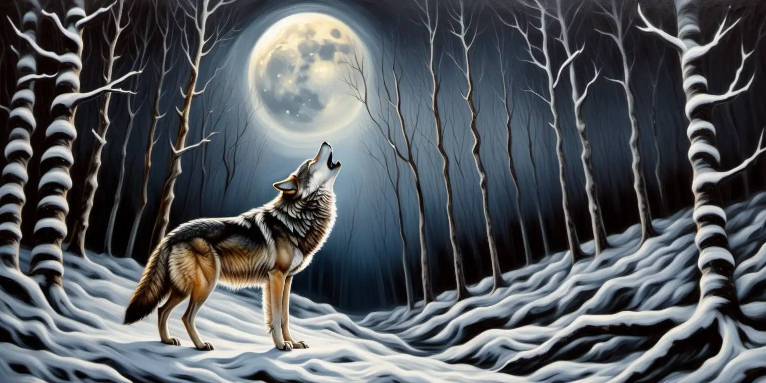 oil painting of wolf howling at moon in winter forest
