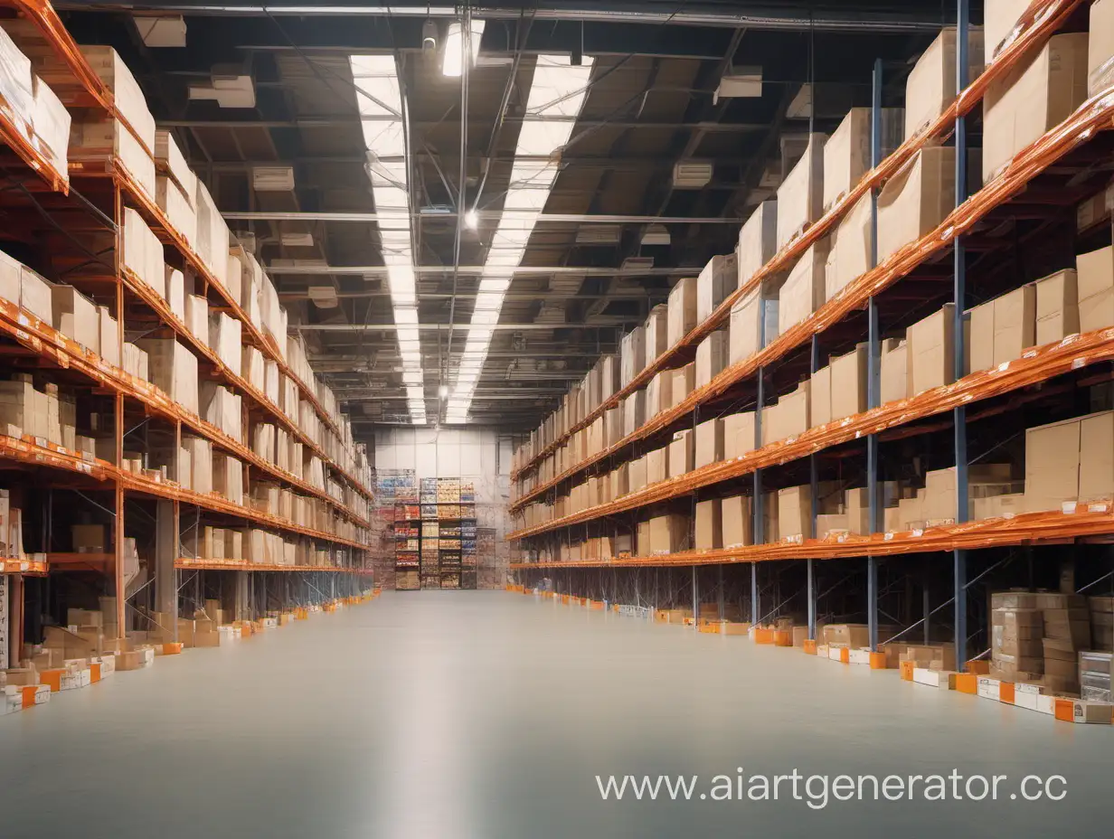 a warehouse of goods with shelves painted in the style of painting in large strokes