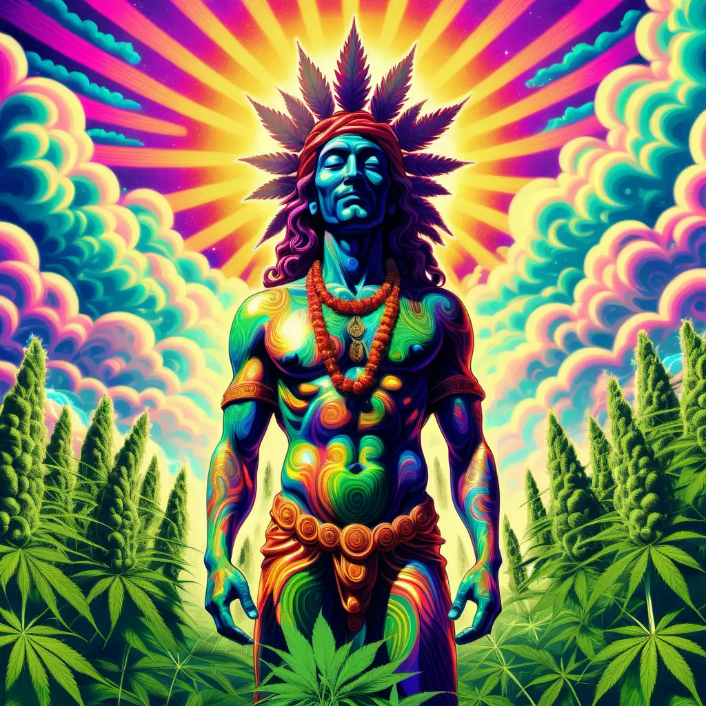 A Psychedelic exotic male god in a field of cannabis, trippy, vibrant colors, sunshine, water, trees, clouds