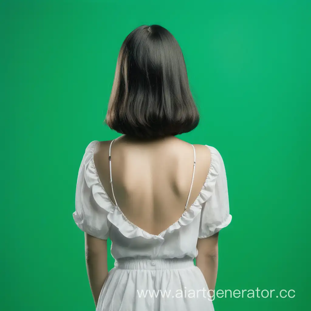 Девушка повёрнутая спиной к камере смотри на зелёный фон