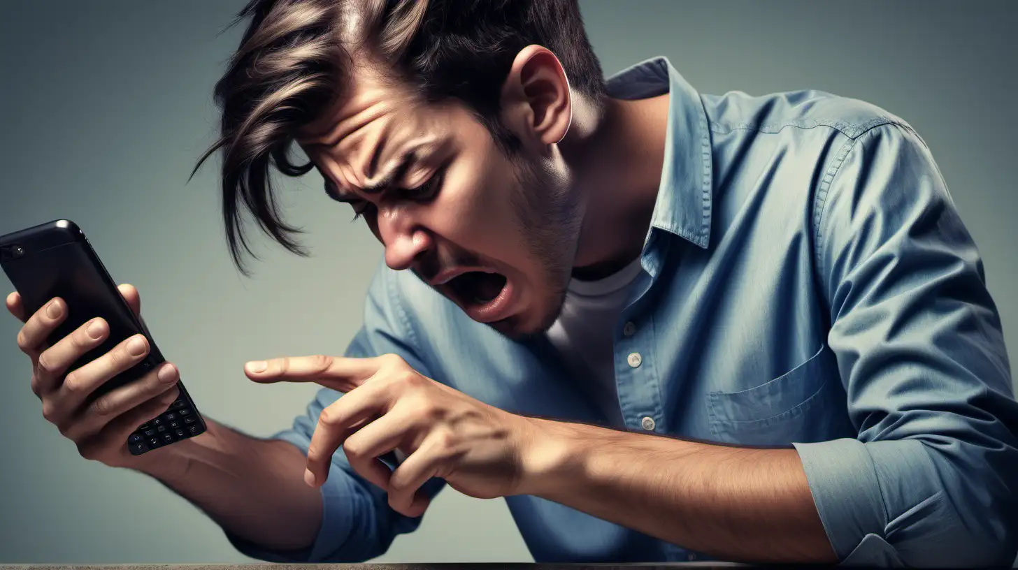 Frustrated Person Struggling with Malfunctioning Mobile Phone
