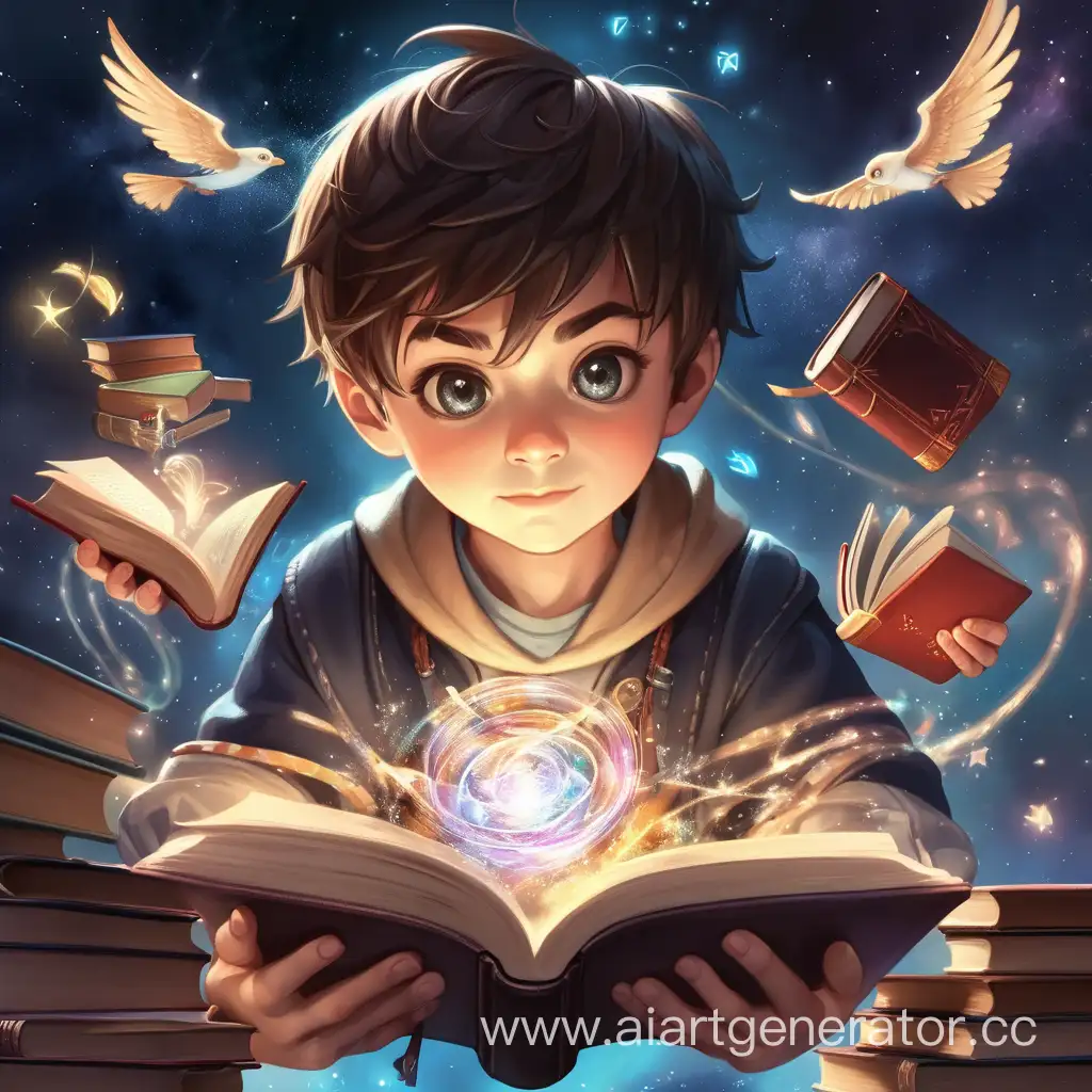 мальчик владеющий магией и вокруг мальчика летают книги книги