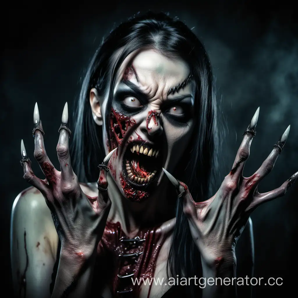 zombie woman with long nails like claws, sharped teeth fangs nightmare scene