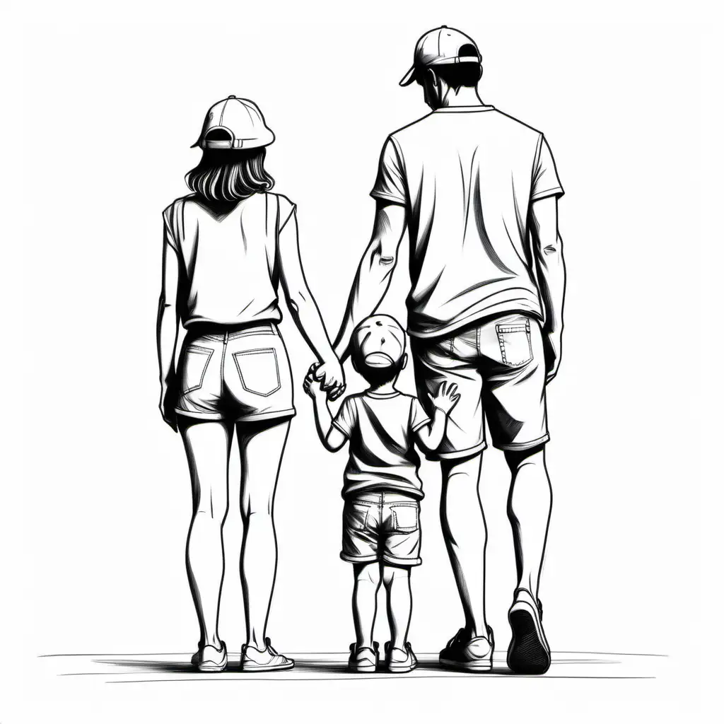 art line drawing, minimal lines
a family of three ,include ; a father with cap, Shorts and no sleeves, a mother and a little boy . they standing Back to the picture and hold each other hands. the kid is at the middle
black and white
empty background