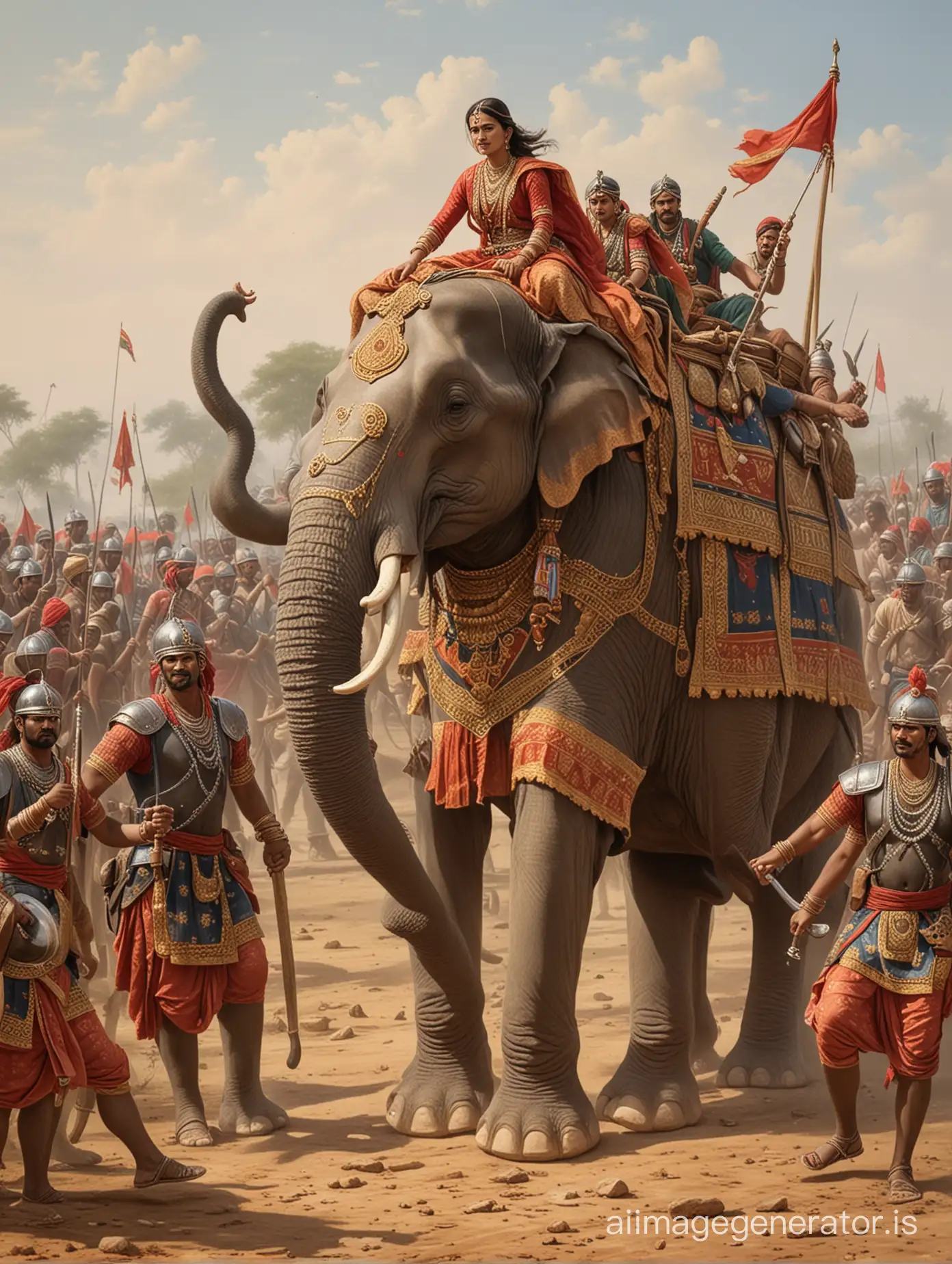 Female worrior  setting on elephant with her foot soldiers in battle field front of Akbar army