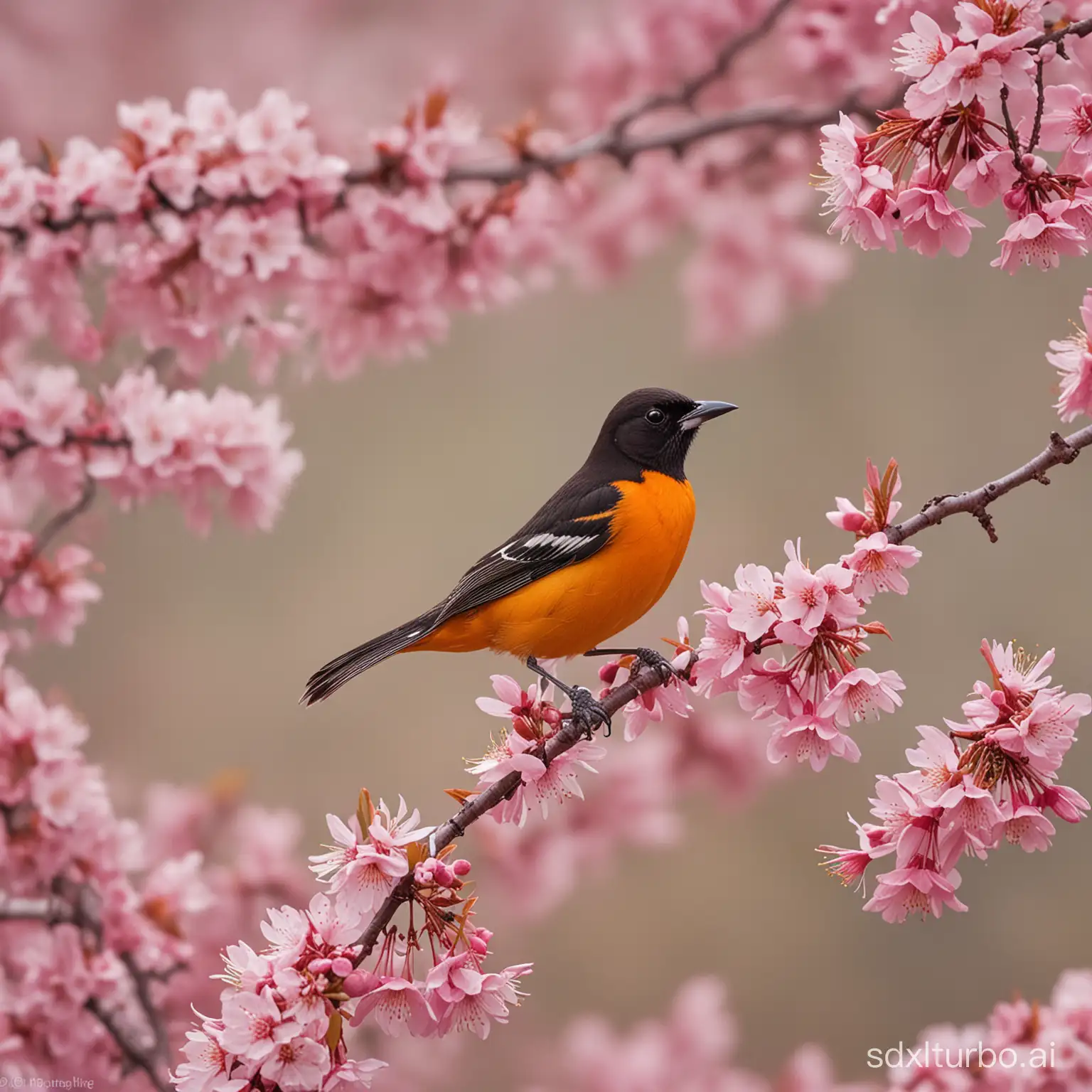 Bright orange orioles perched amongst radiant pink cherry blossoms as new grass emerges in a landscape undergoing spring renewal, rebirth, avian life, seasonal change, cherry trees in bloom, nature's ephemeral beauty, Fuji X-T4, macro lens, close-up blossom perspective, --style raw --stylize 150 --ar 4:3 --v 6