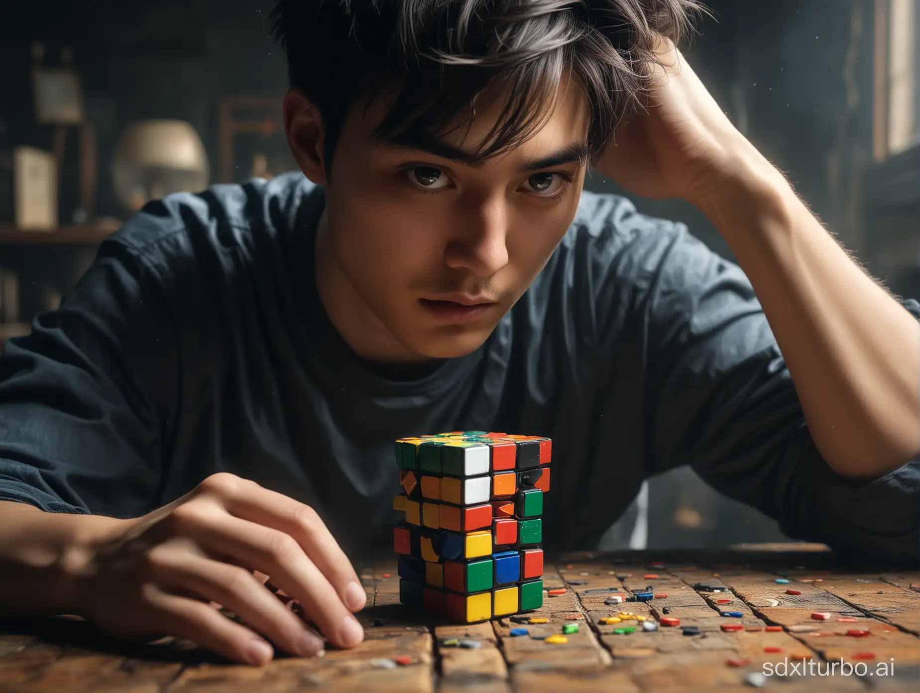 a young Korean man has his hair tied up assembling a Rubik's cube, impressive facial details, half body, fantasy, medieval environment, very detailed and realistic cube, mystical, mysterious, concentrated, he is focused looking at the cube, natural facial expression, concentrated, eerie, dark particle atmosphere, reflected light from the side shot, very detailed expressive eyes, detailed hands, Rubik with vivid colors, soft fog in the environment, incredible light contrast, focused sharpness, cinematic, dramatic, divine, masterpiece, 8k, volumetric, reality pushed to the extreme, HDR, hyperrealistic baroque style, Extremely Realistic, joyful, photorealistic, SD 1.5, xxmixgirl