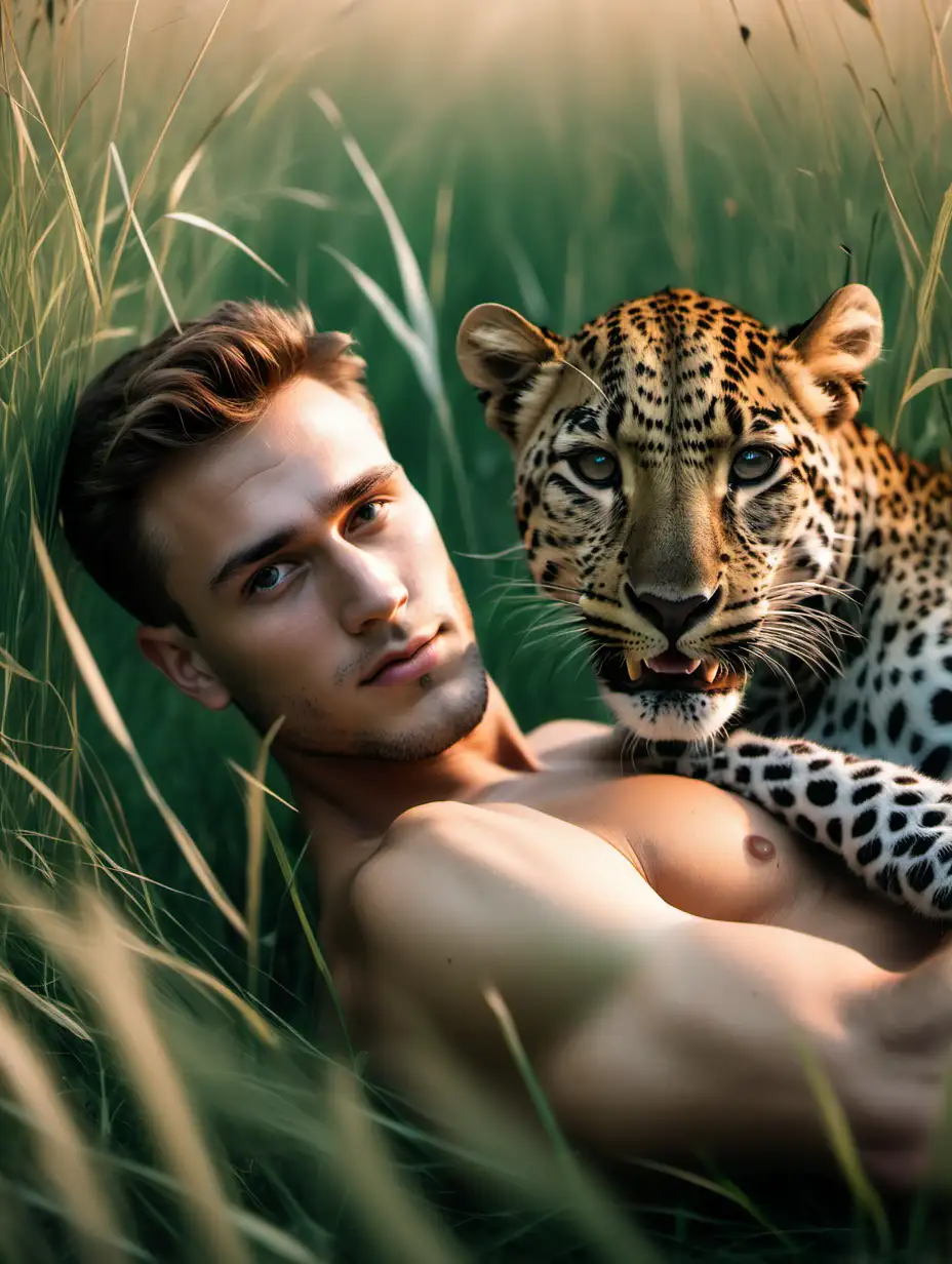 Attractive Man Relaxing in Tall Grass with a Majestic Leopard