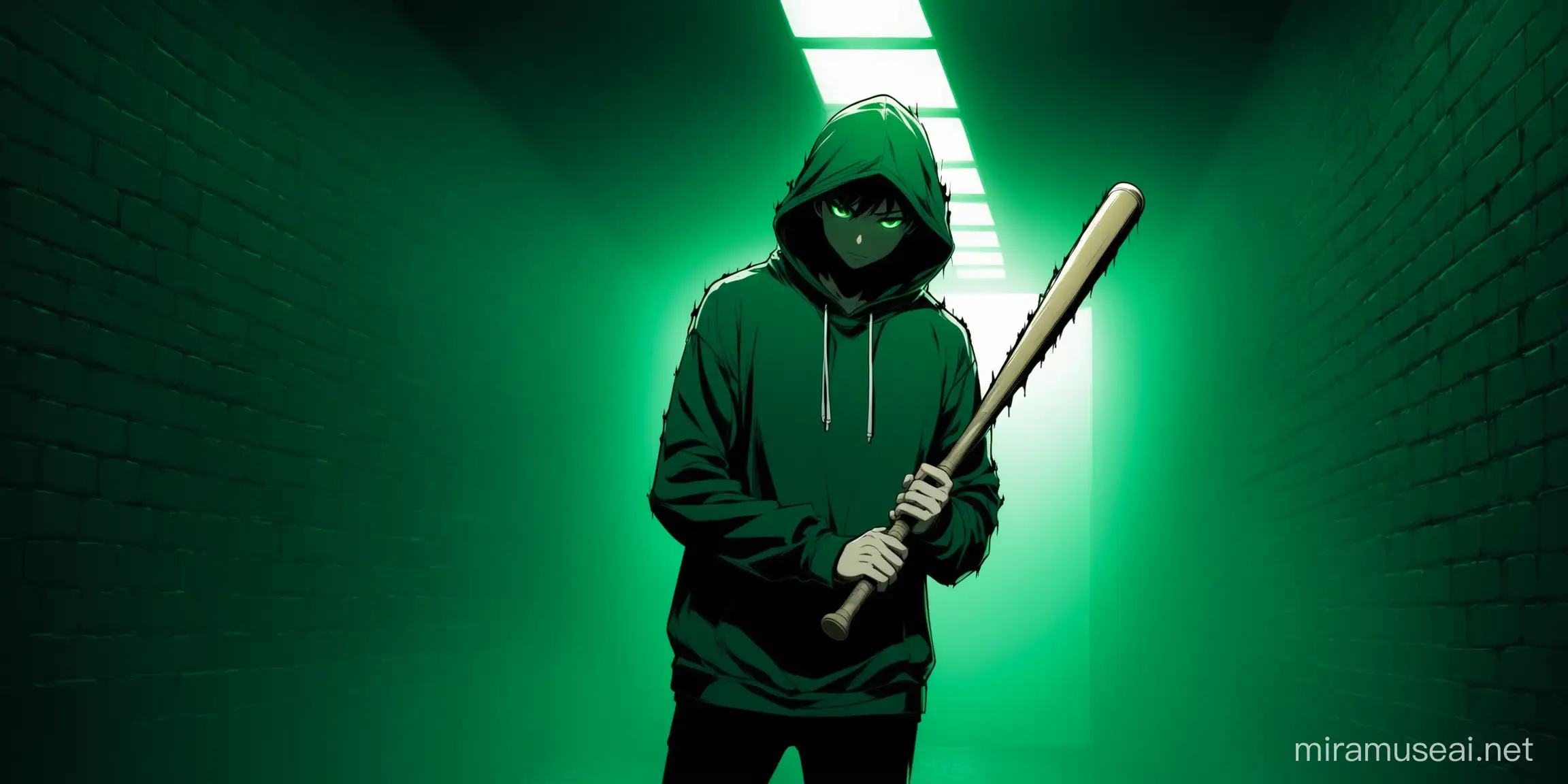An image of a hand holding baseball bat in his hands wearing full sleeve hoodie anime style in an underground secret room with dark green contrasts and vibe 