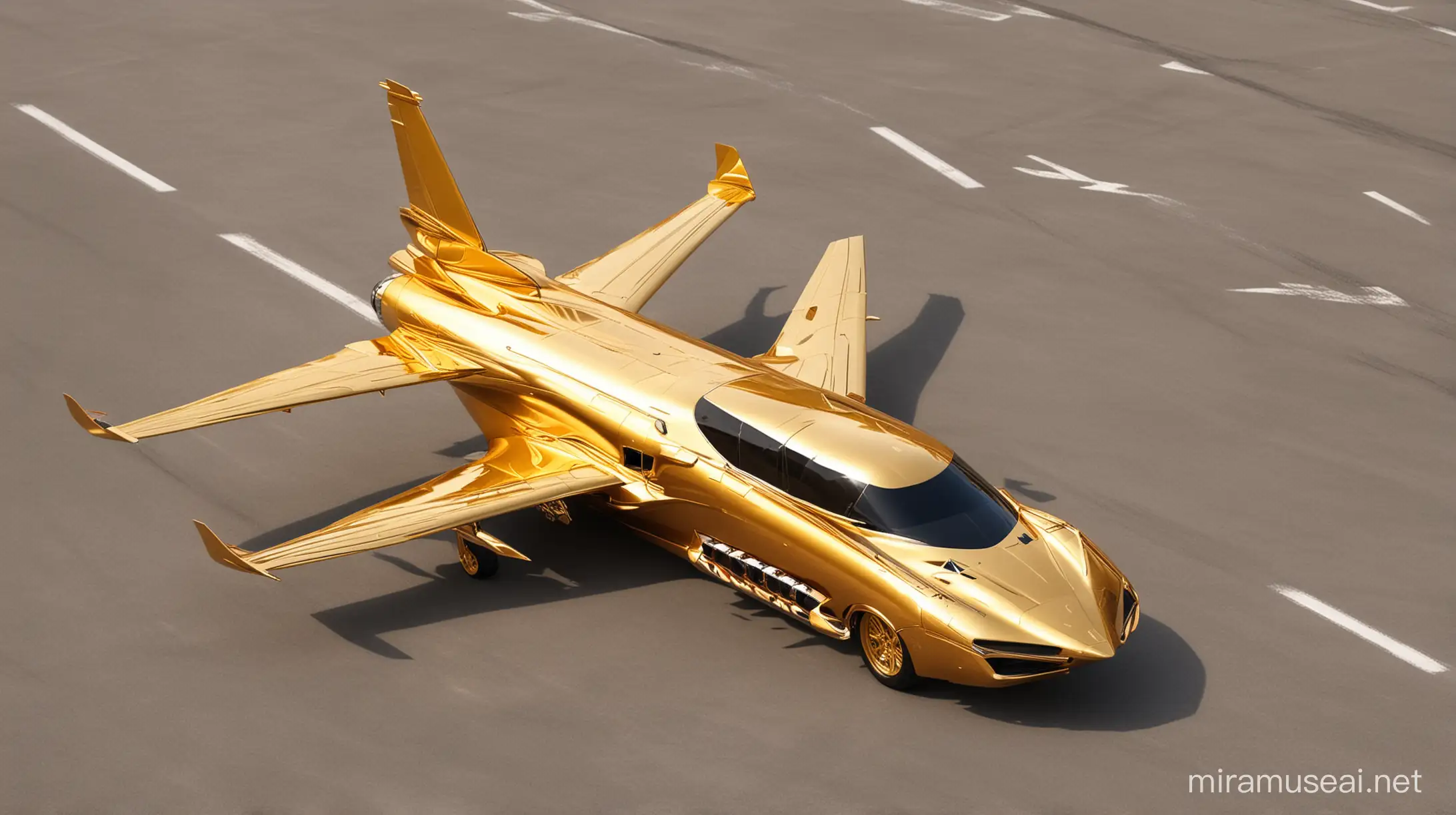 Golden Jet Flying Over Golden Sports Car