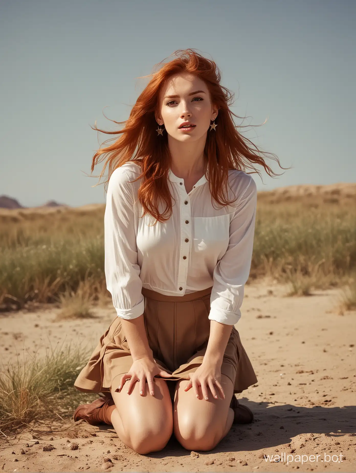 Vintage style. Redhead woman. Squatting pose. Long hair. White top. Short brown skirt. Small star-shaped earrings. Full body. Legs spread. Facing forward. Hair blowing in the wind.