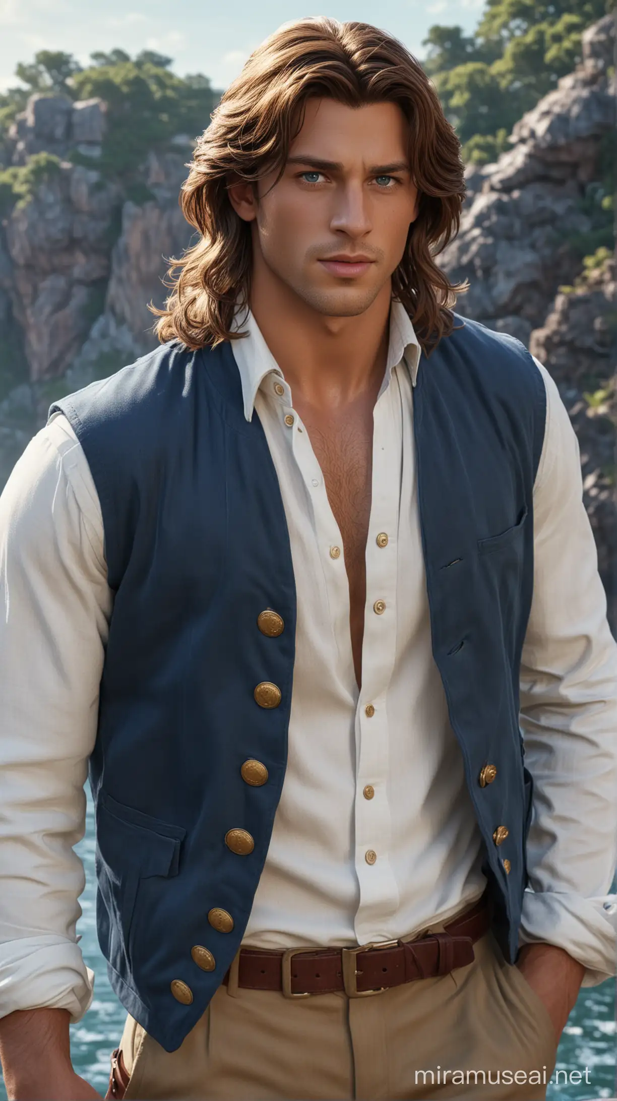 in a sea natural background military there are disney prince Tarzan is Inglish 21-year-old and  long brown hair down to mid-back and blue eyes and muscled and
blue jacket and with white shirt and red vest and blue trousers and face beautiful 8k re solution ultra-realistic 